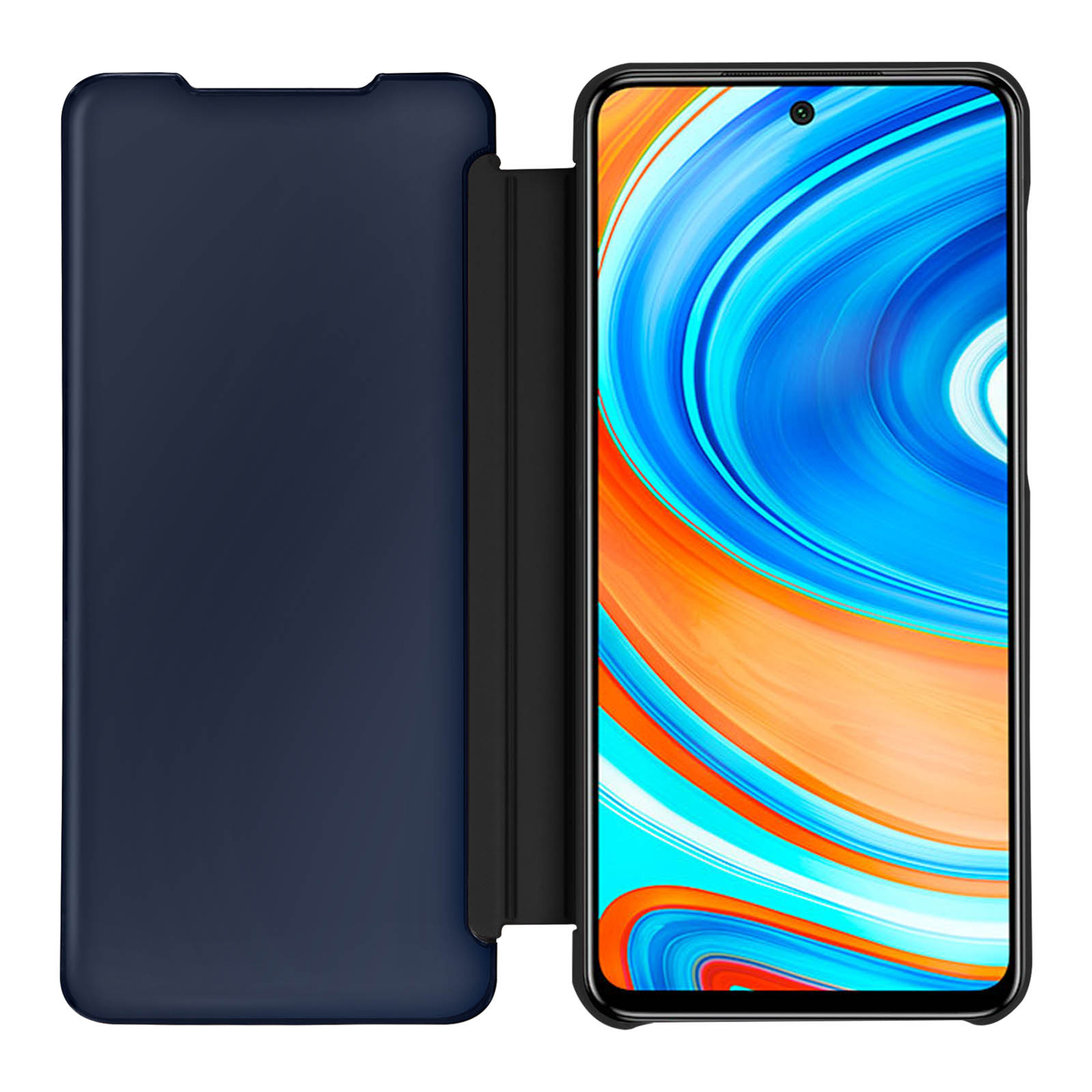 Coque de téléphone bleu foncé ouverte, révélant un smartphone avec un fond d'écran coloré.