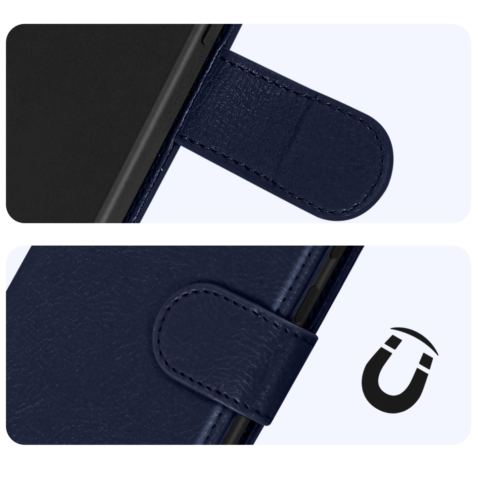 Donkerblauwe telefoonhoes met magneetsluiting en stikseldetails.