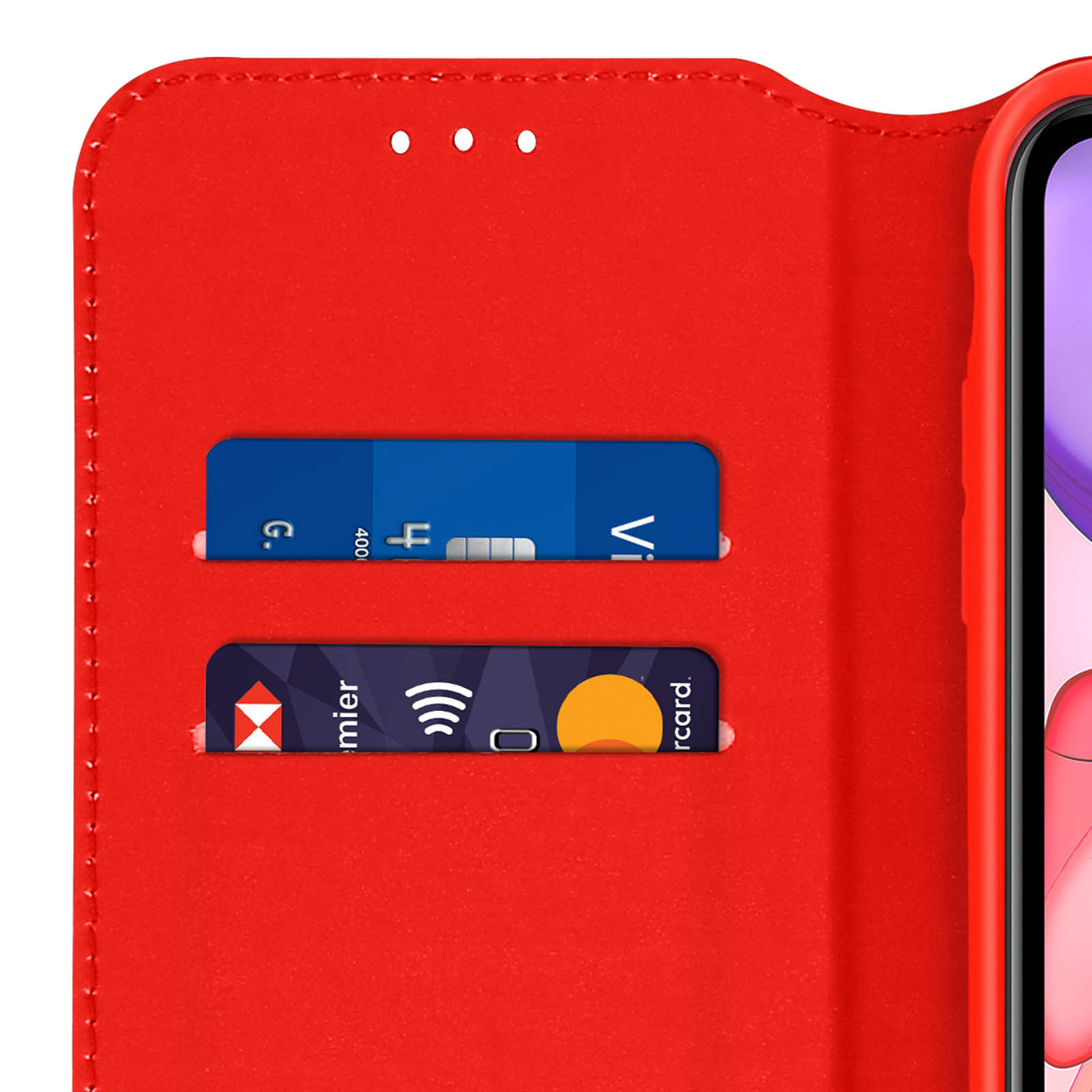 Custodia rossa per telefono con slot per carte. Visibili una carta blu e una viola.