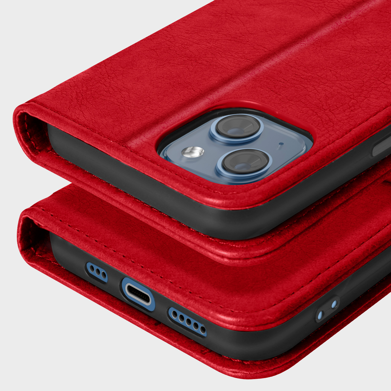 Twee rode leren telefoonhoesjes op elkaar gestapeld. De bovenste toont de camera-array.
