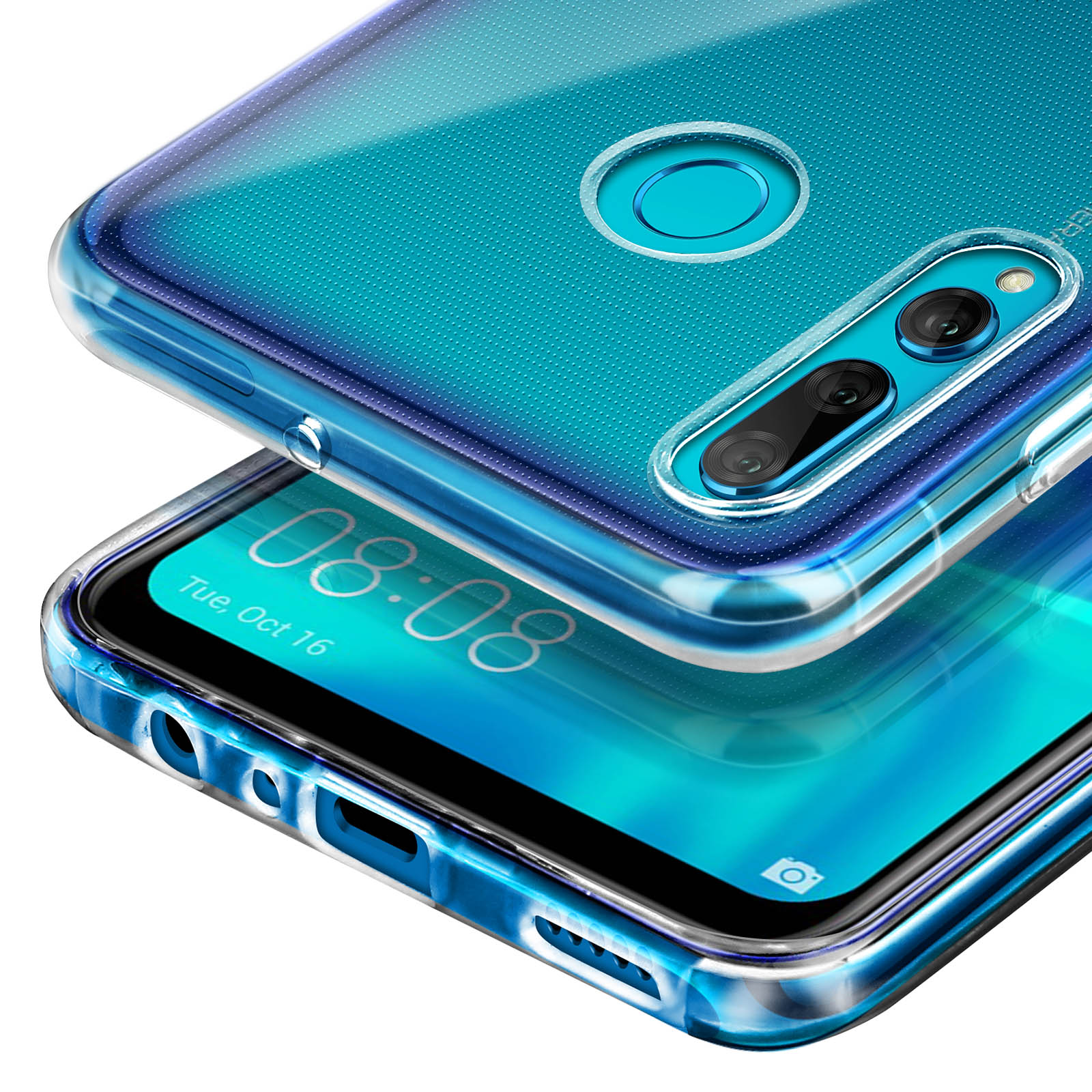 Coque de téléphone transparente montrant la caméra et l'écran à 08:08.