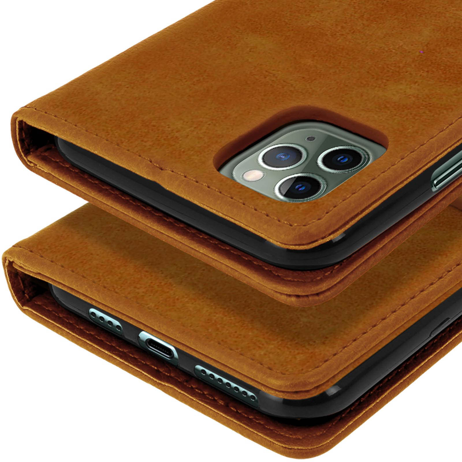 Étui de téléphone marron avec trois objectifs de caméra et port de charge.