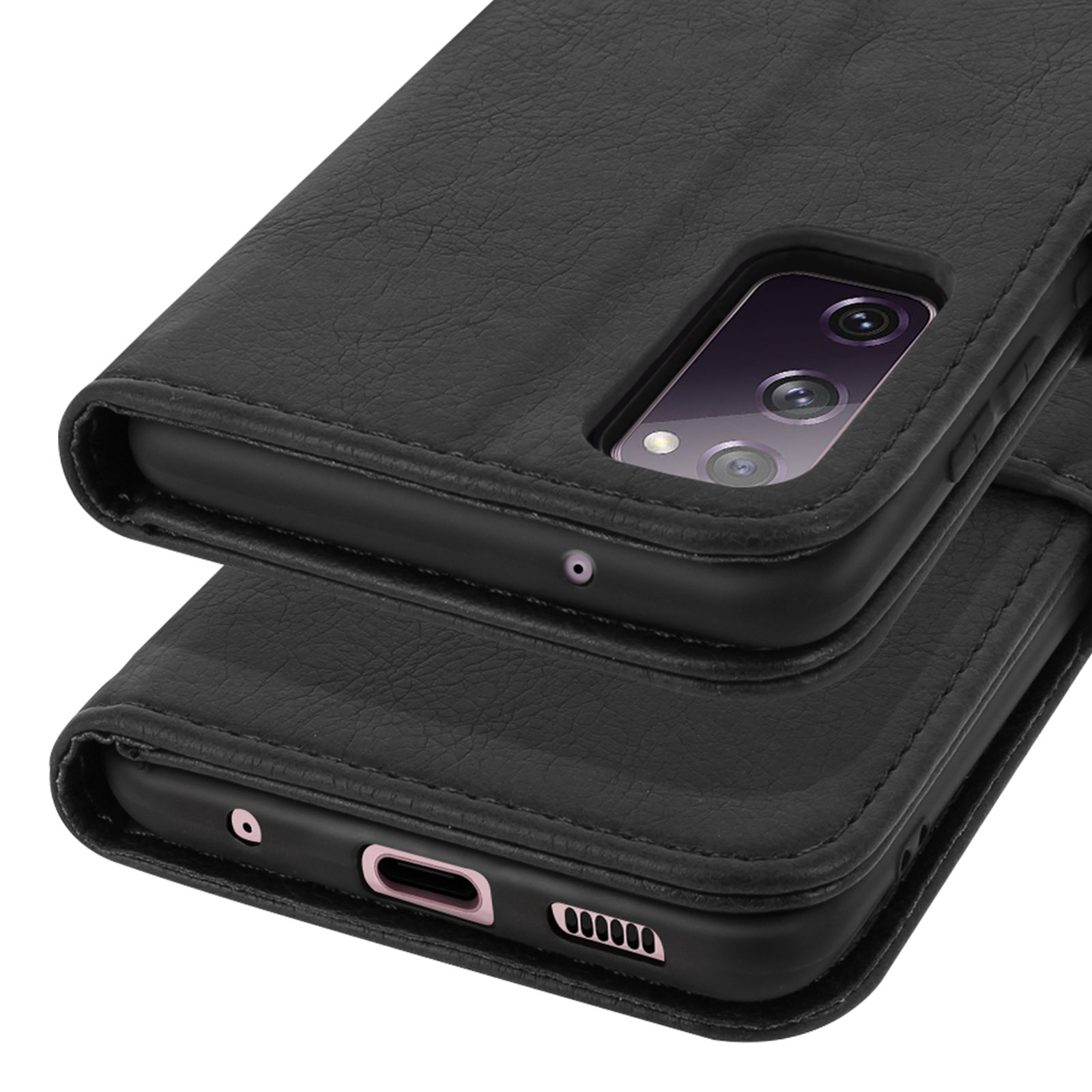 Coque de téléphone noire en cuir montrant le module caméra et le port de charge.