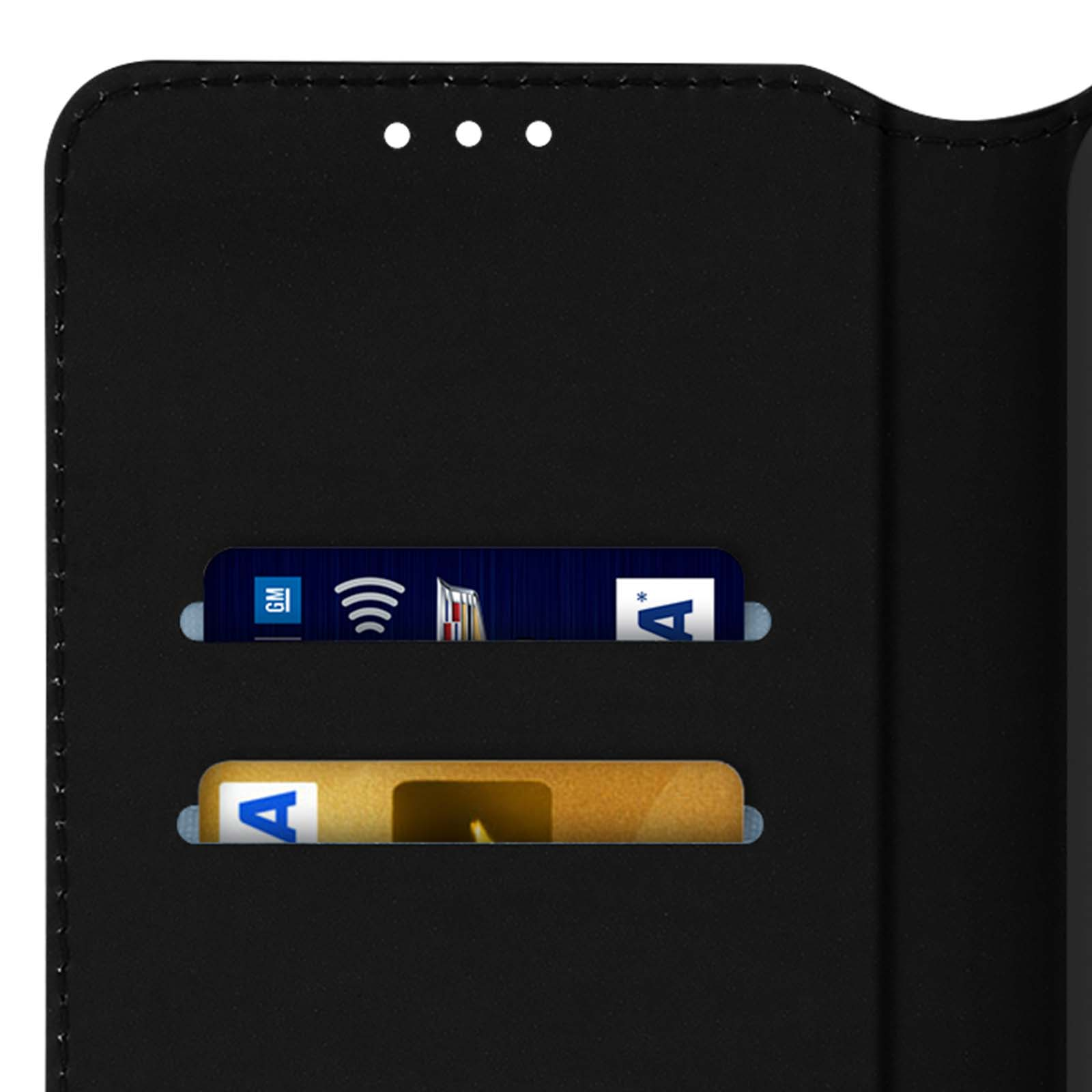 Étui de téléphone noir avec deux fentes pour cartes. L'une montre un logo GM et des symboles WiFi.