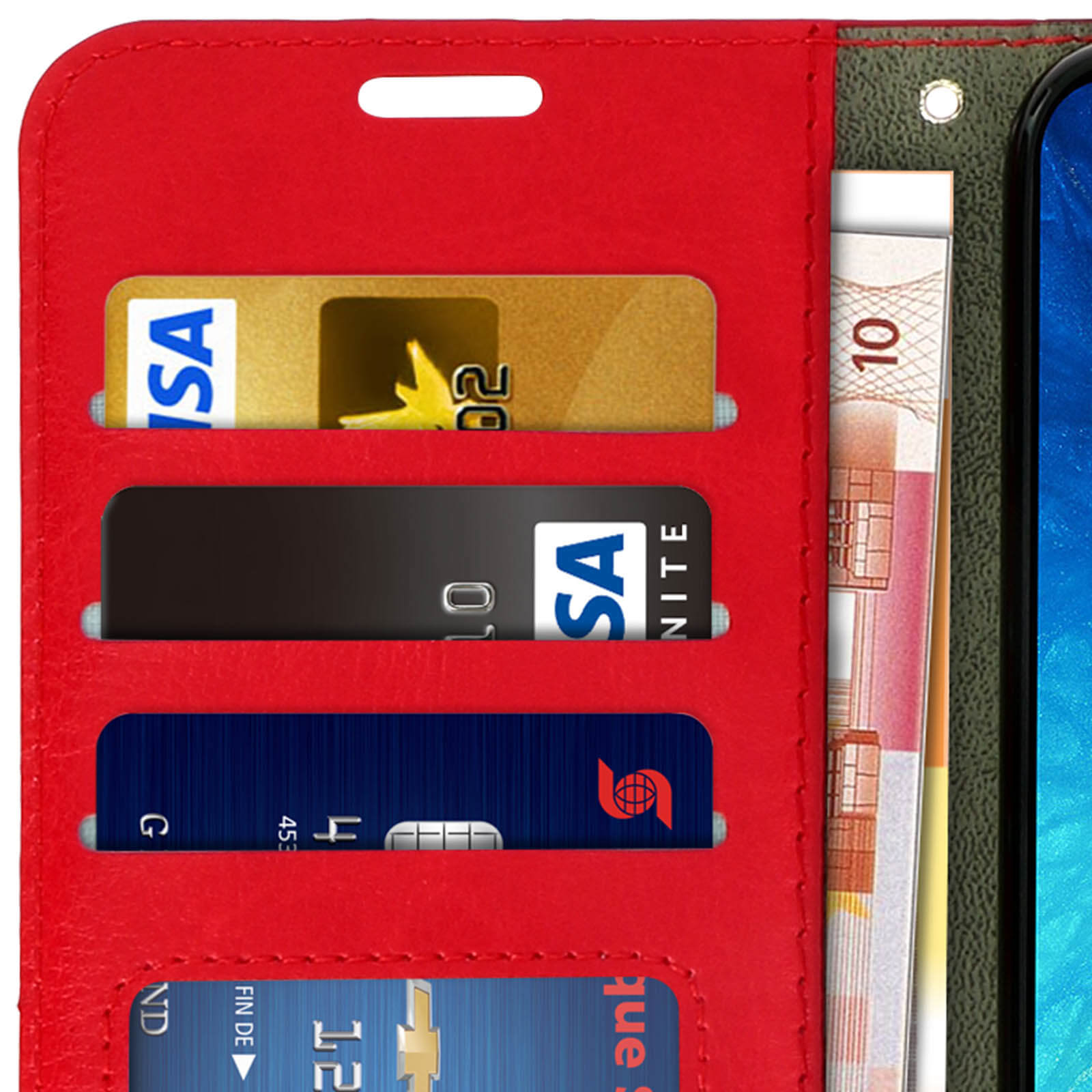 Portafoglio rosso con più slot per carte, banconote e una carta di credito.