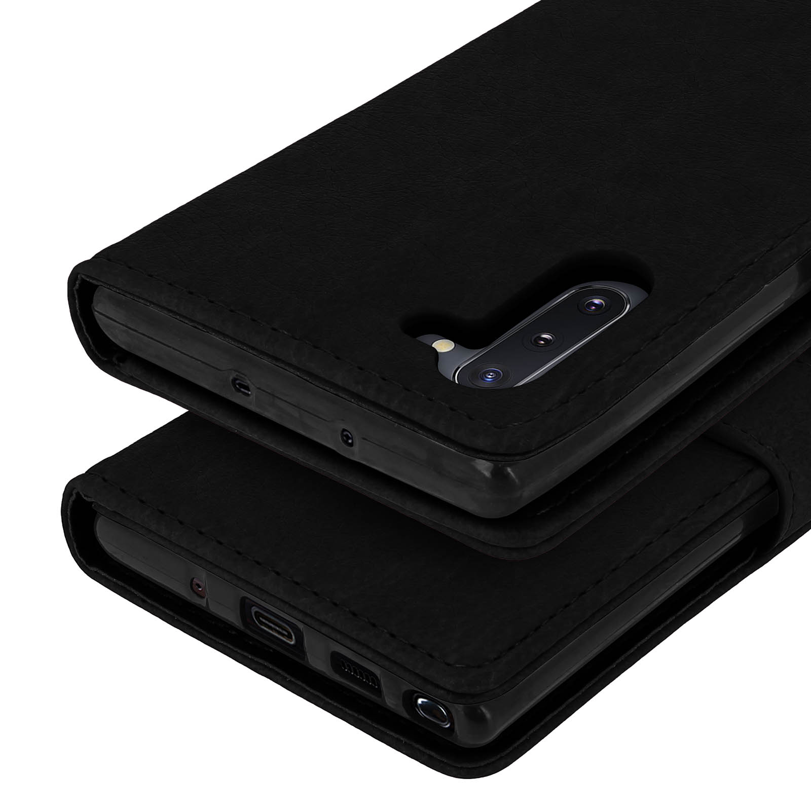 Smartphone nero in custodia di pelle, modulo fotocamera visibile.