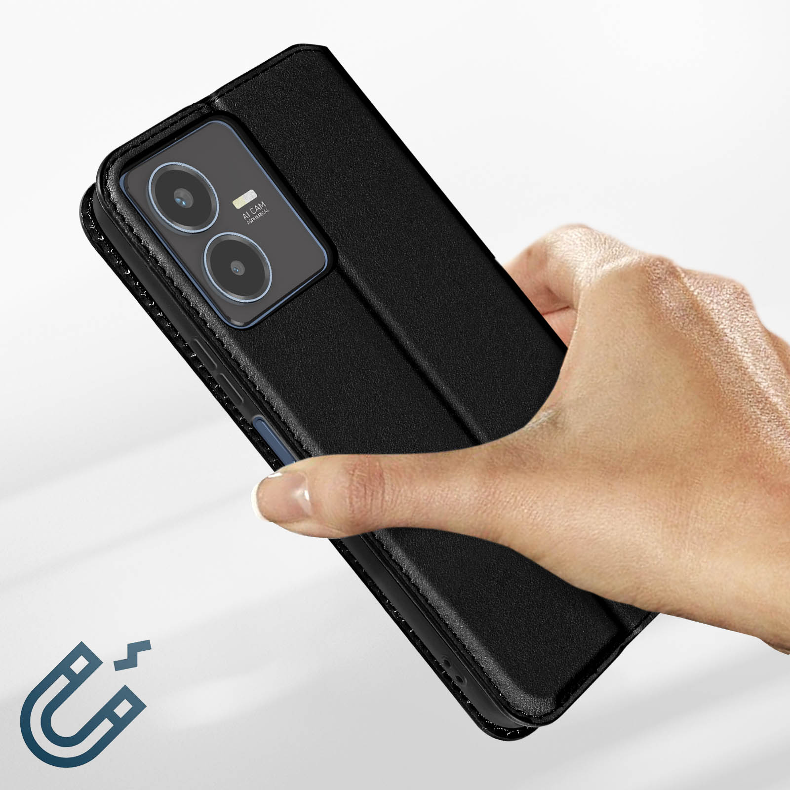 Eine Hand hält ein schwarzes Handy mit zwei Kameras. Magnet-Symbol.