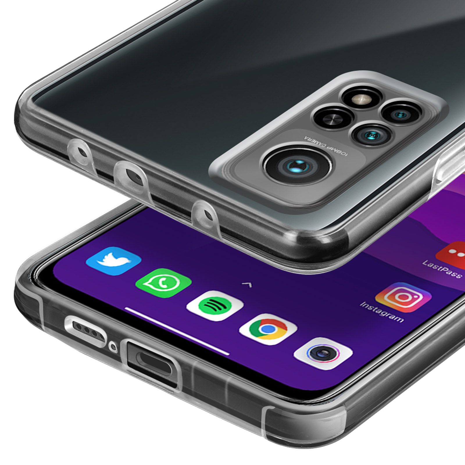 Una custodia trasparente per telefono mostra un modulo fotocamera con quattro lenti e icone di app sullo schermo.