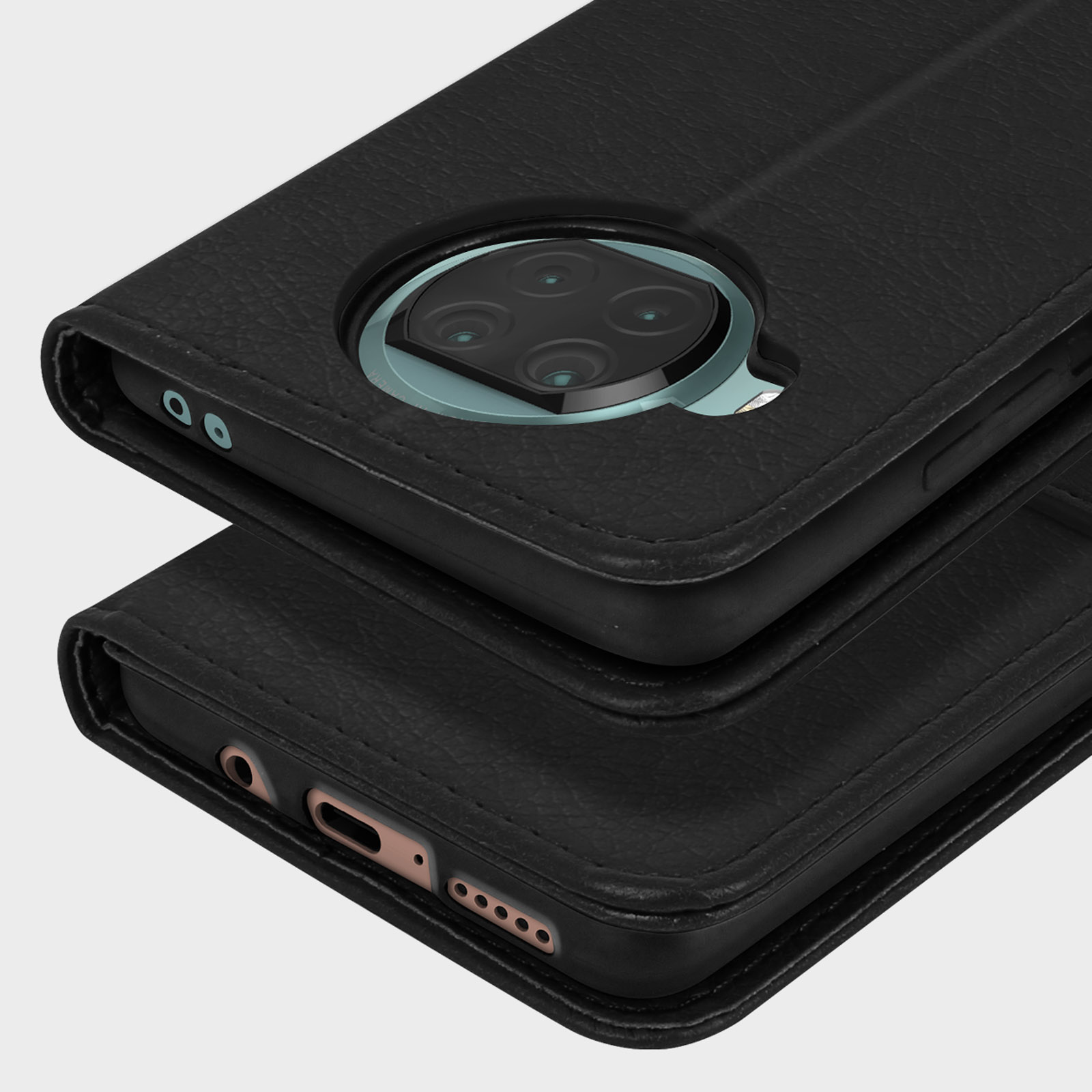 Étui à rabat en cuir noir pour smartphone, avec découpe caméra et port de chargement.