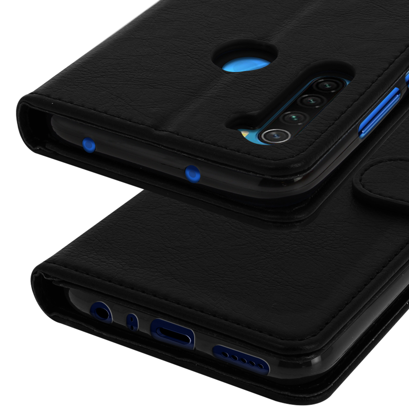 Étui portefeuille noir en cuir pour téléphone avec caméras et accents bleus.