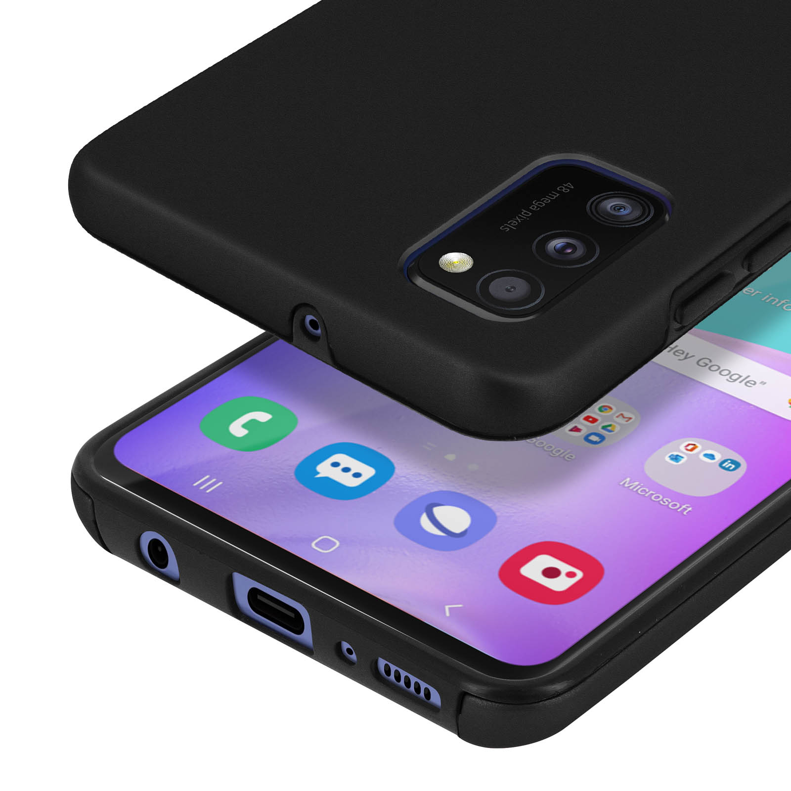 Coque de téléphone noire couvrant partiellement un smartphone avec des applications.