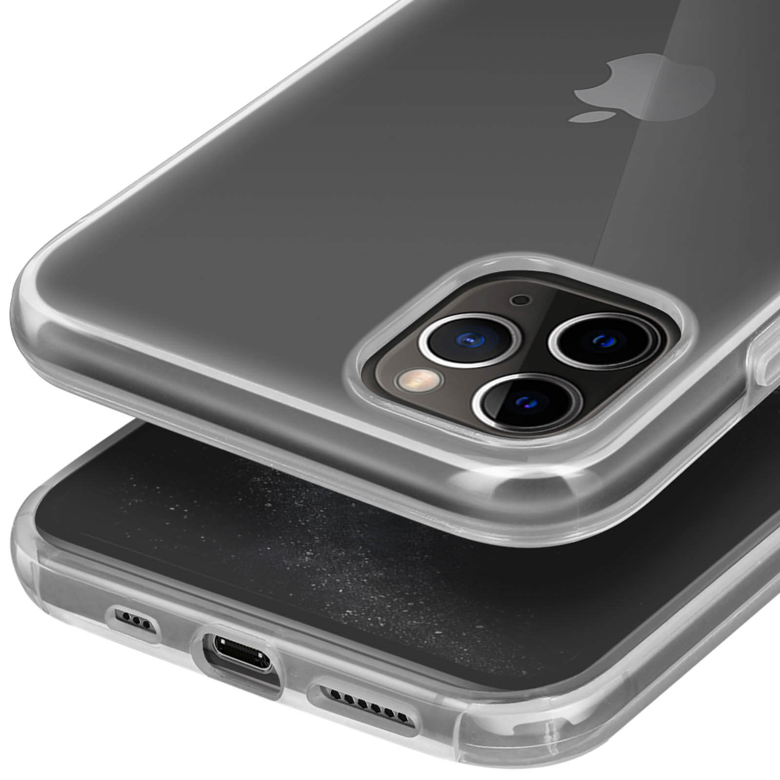 Transparante hoes voor smartphone met drievoudige camera en Apple-logo.