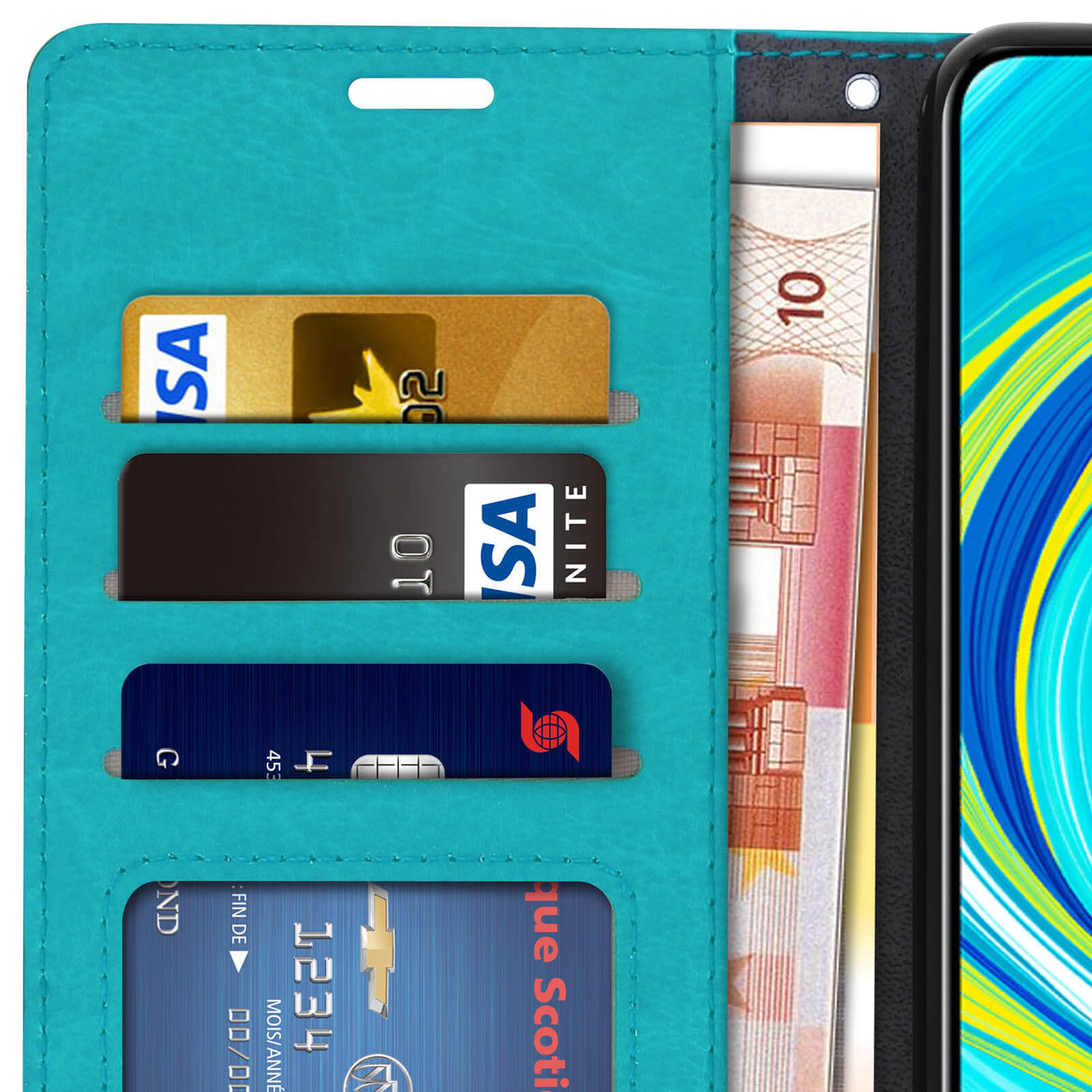 Custodia per telefono turchese con slot per carte, banconote e telefono.