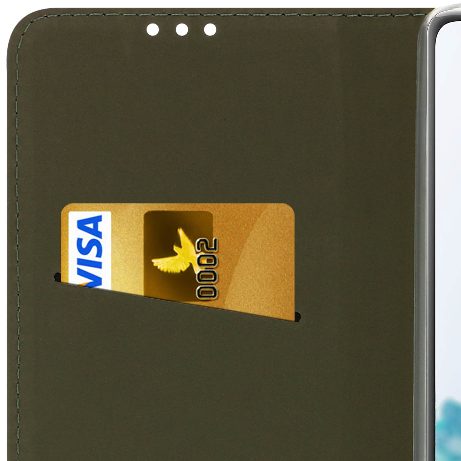 Een goudkleurig Visa-kaartsymbool met een vogel en het nummer 2000 op een donkere hoes.