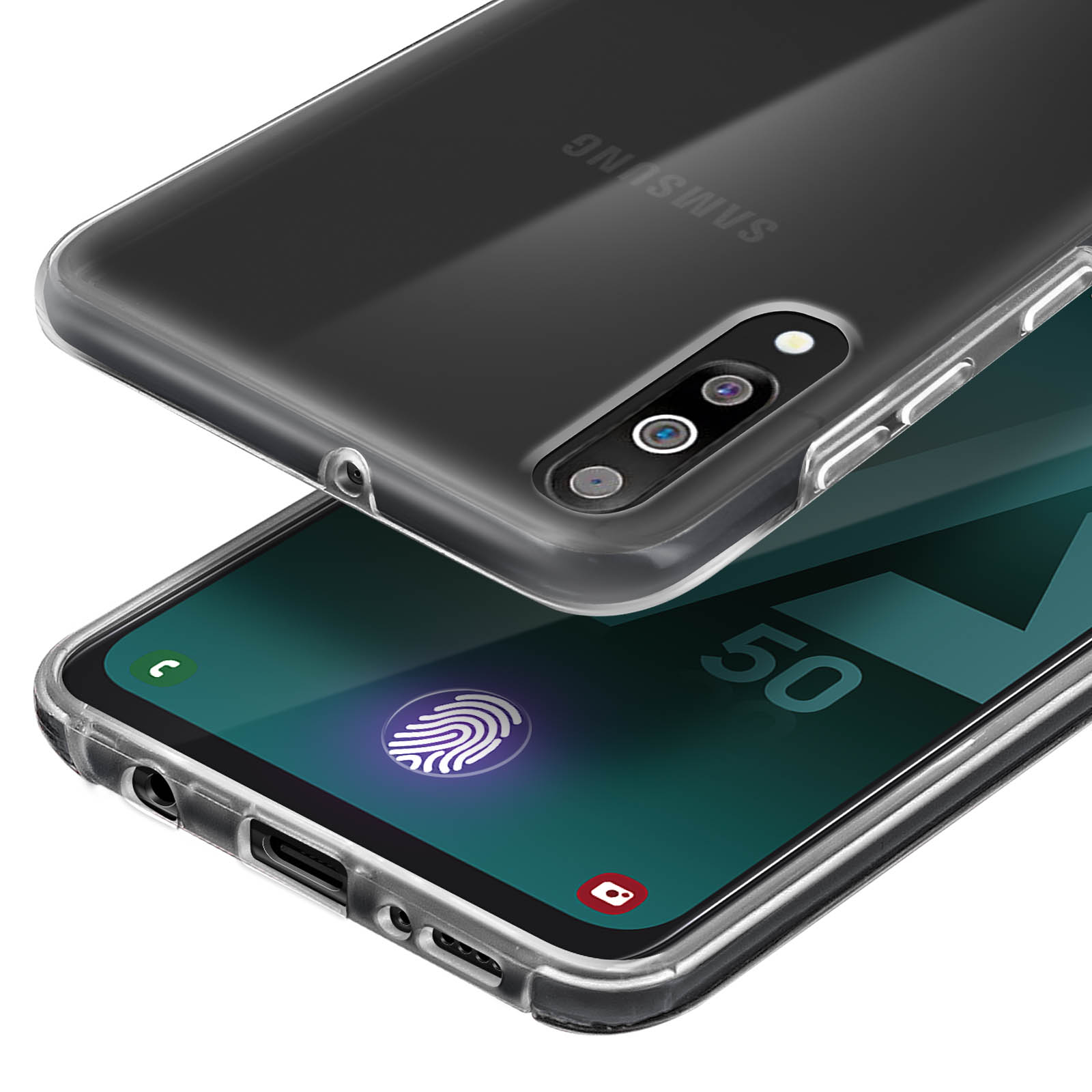 Coque transparente sur un téléphone Samsung avec capteur d'empreintes et triple caméra.