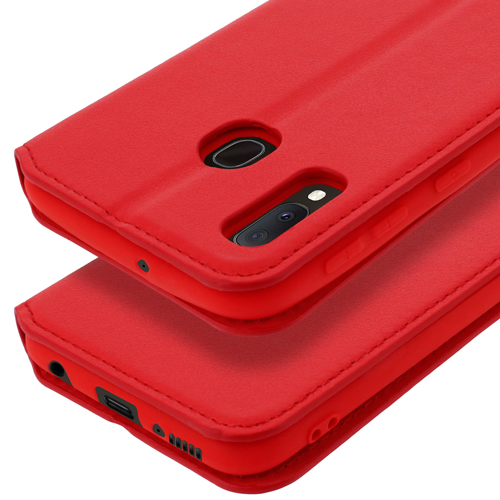 Twee rode telefoonhoesjes met camera-uitsparingen en stiksels.