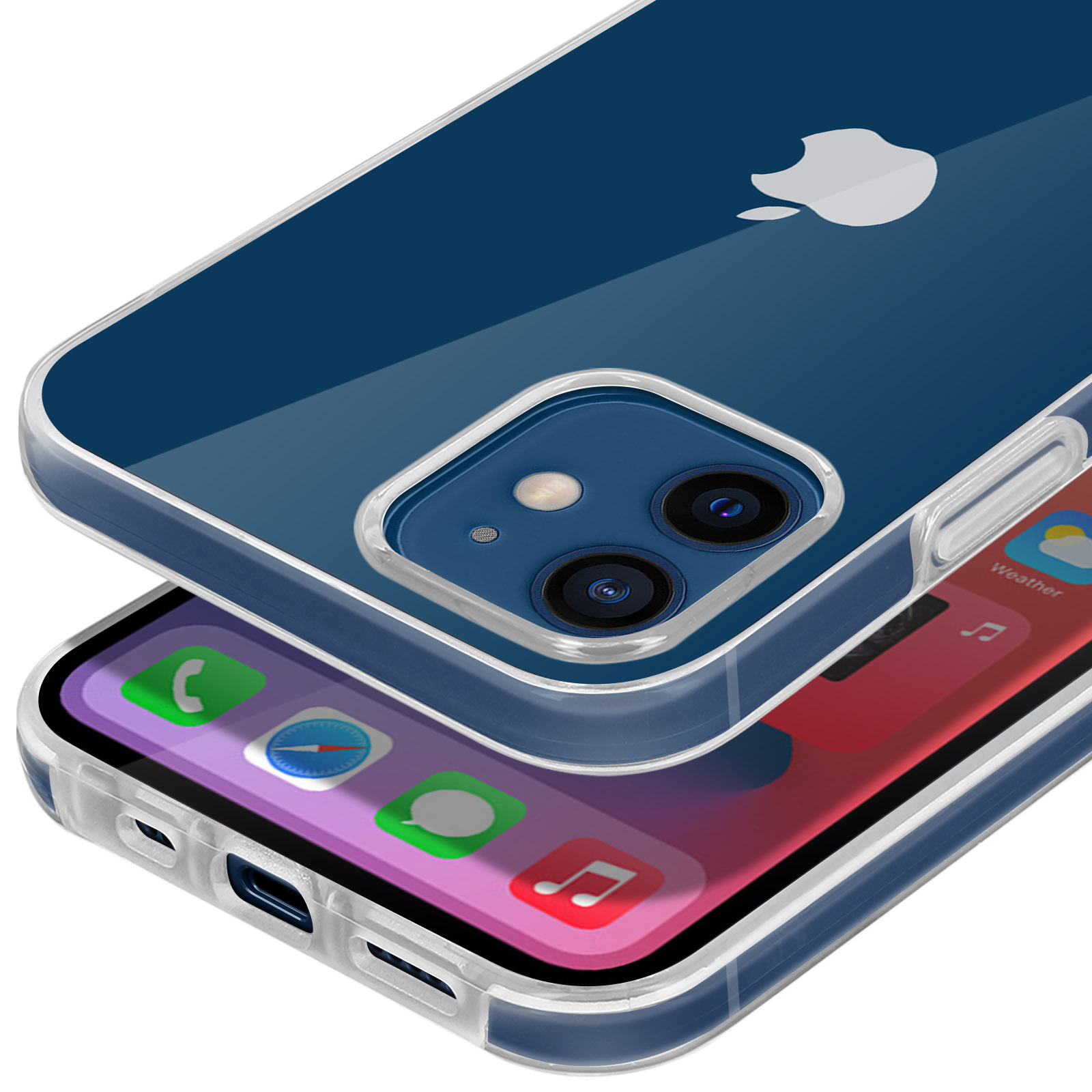 Blauwe smartphone met Apple-logo en dubbele cameralens, met apps op het startscherm.