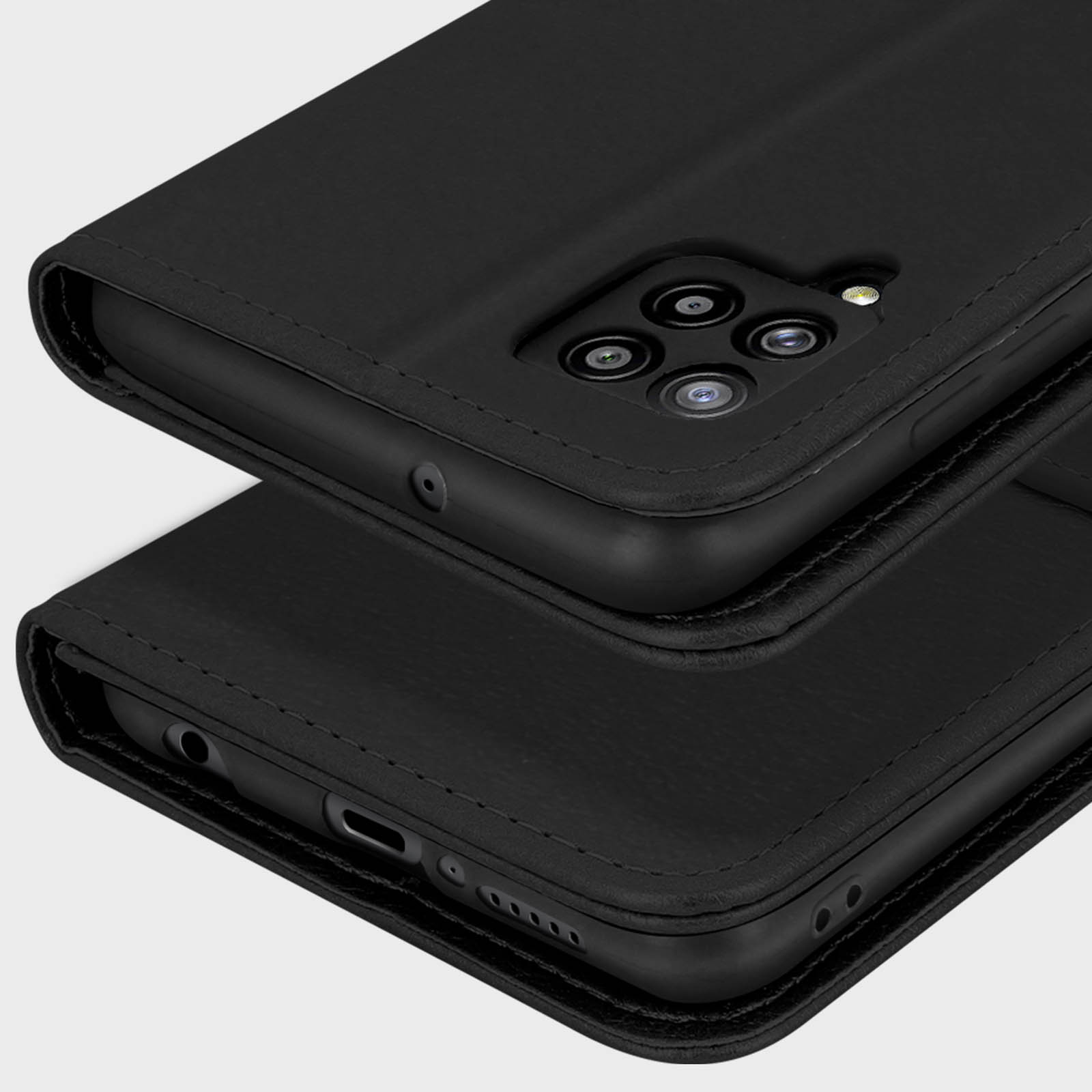 Étui de téléphone noir ouvert, montrant la caméra et les ports.