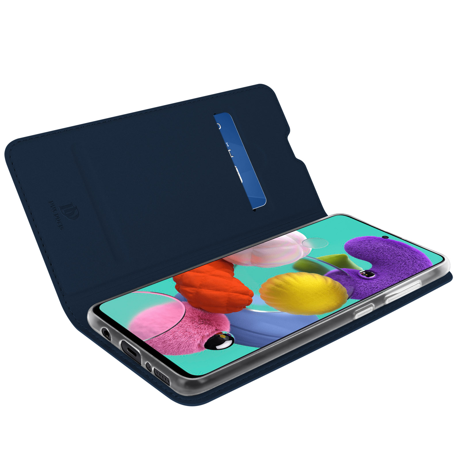 Étui bleu foncé à rabat pour téléphone avec fente pour carte, montrant un smartphone.