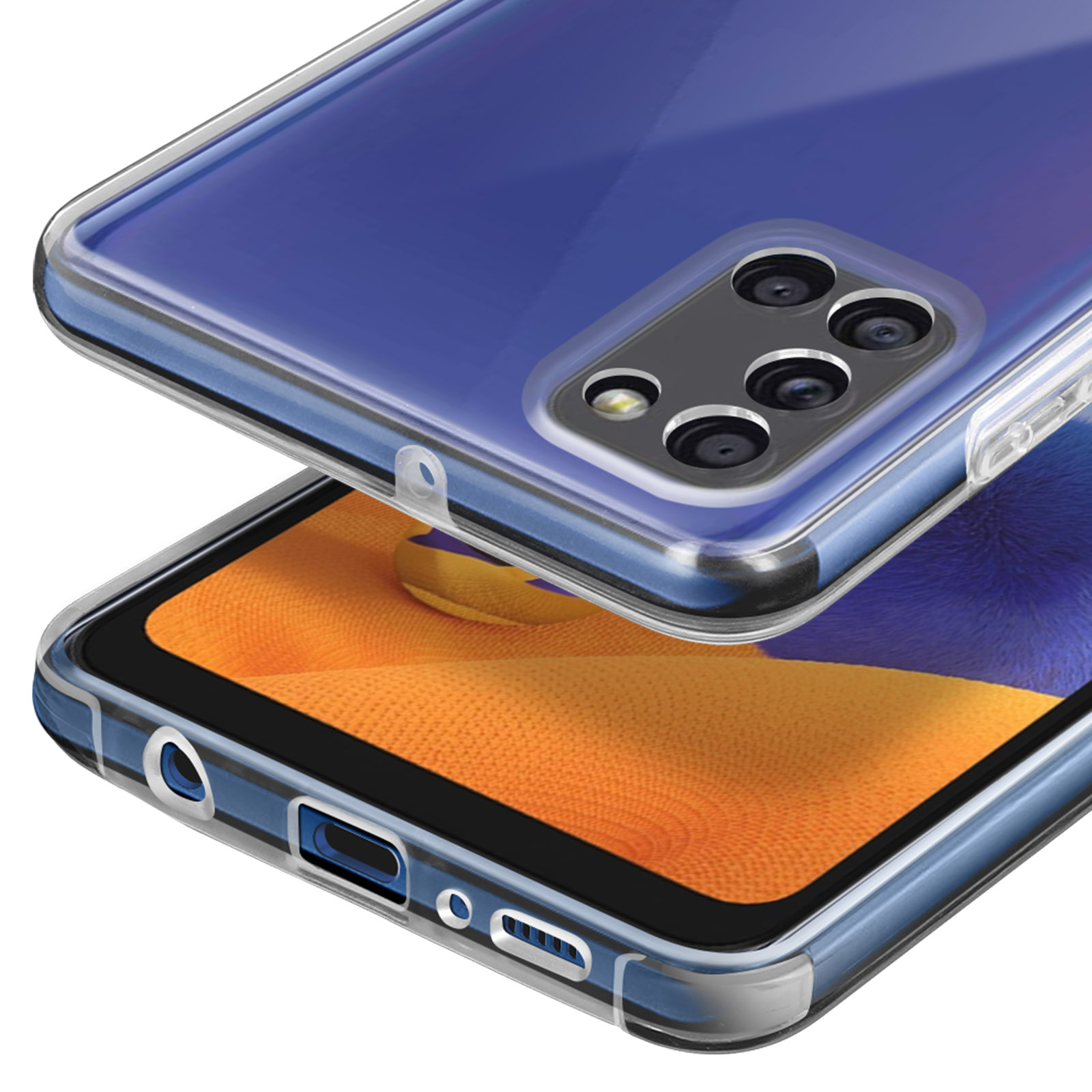Étui de téléphone transparent montrant des objectifs de caméra et des ports sur un téléphone bleu.