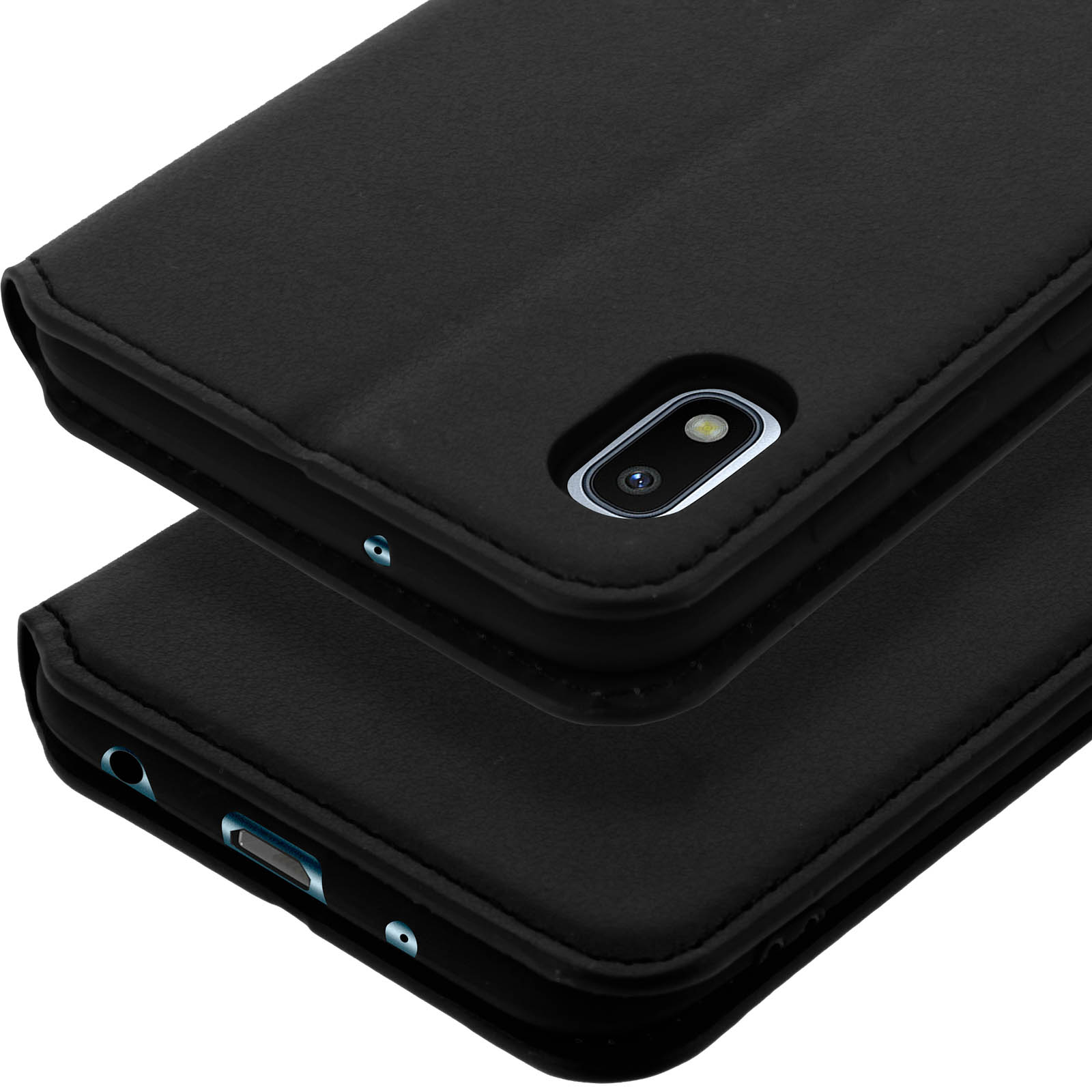 Coque noire à rabat pour téléphone avec découpe caméra et port de charge.