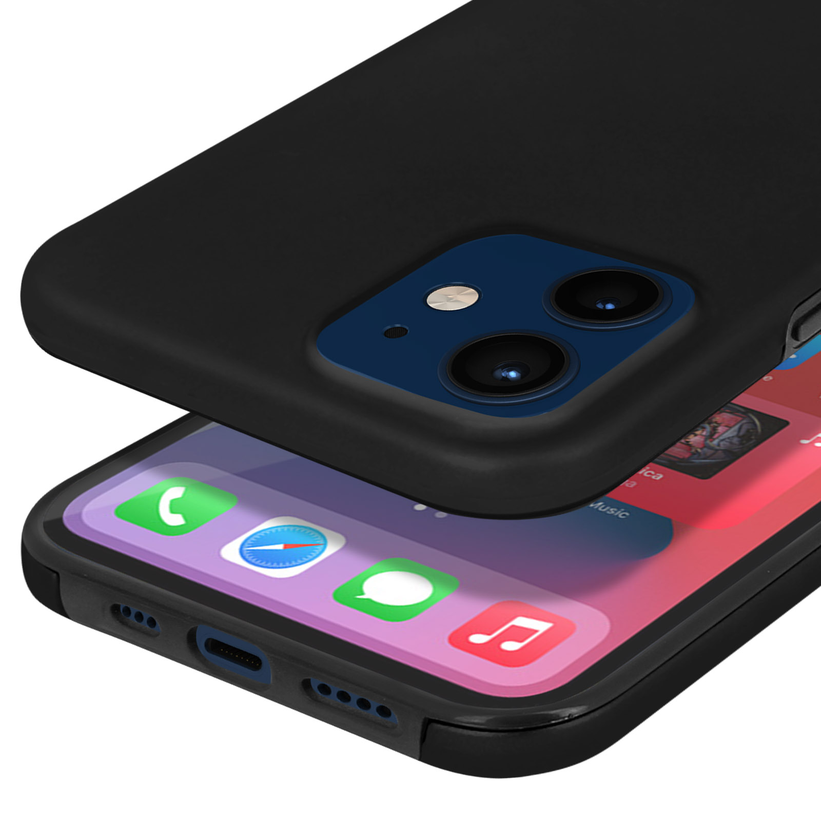 Zwarte telefoonhoes over een iPhone met blauwe camera's en app-iconen.