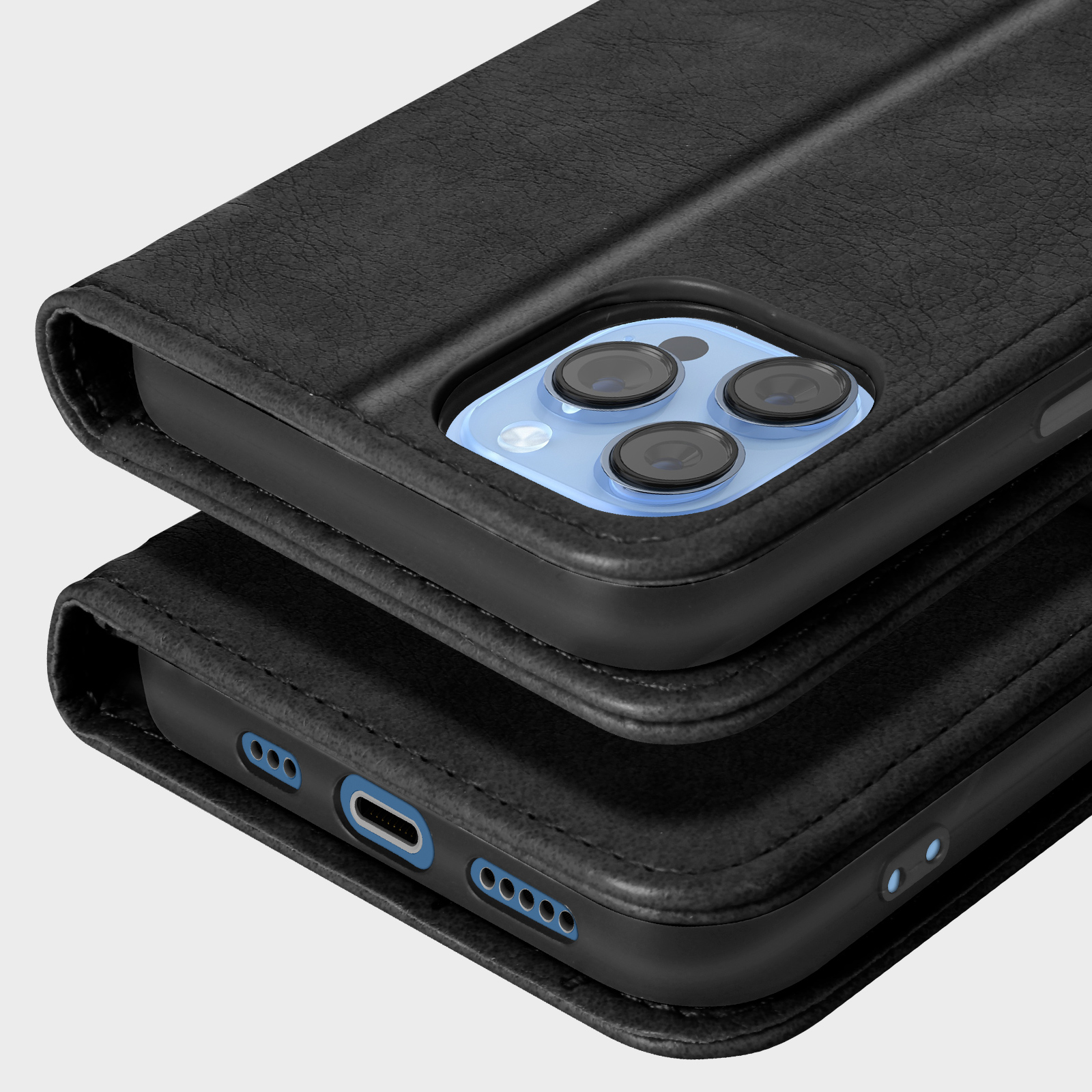 Custodia in pelle nera per telefono con obiettivi della fotocamera e porta di ricarica.