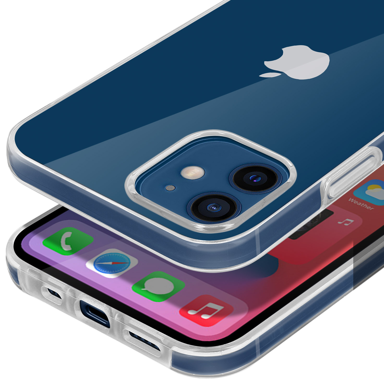 Een blauwe iPhone-hoes bovenop een andere iPhone met zichtbare app-pictogrammen.