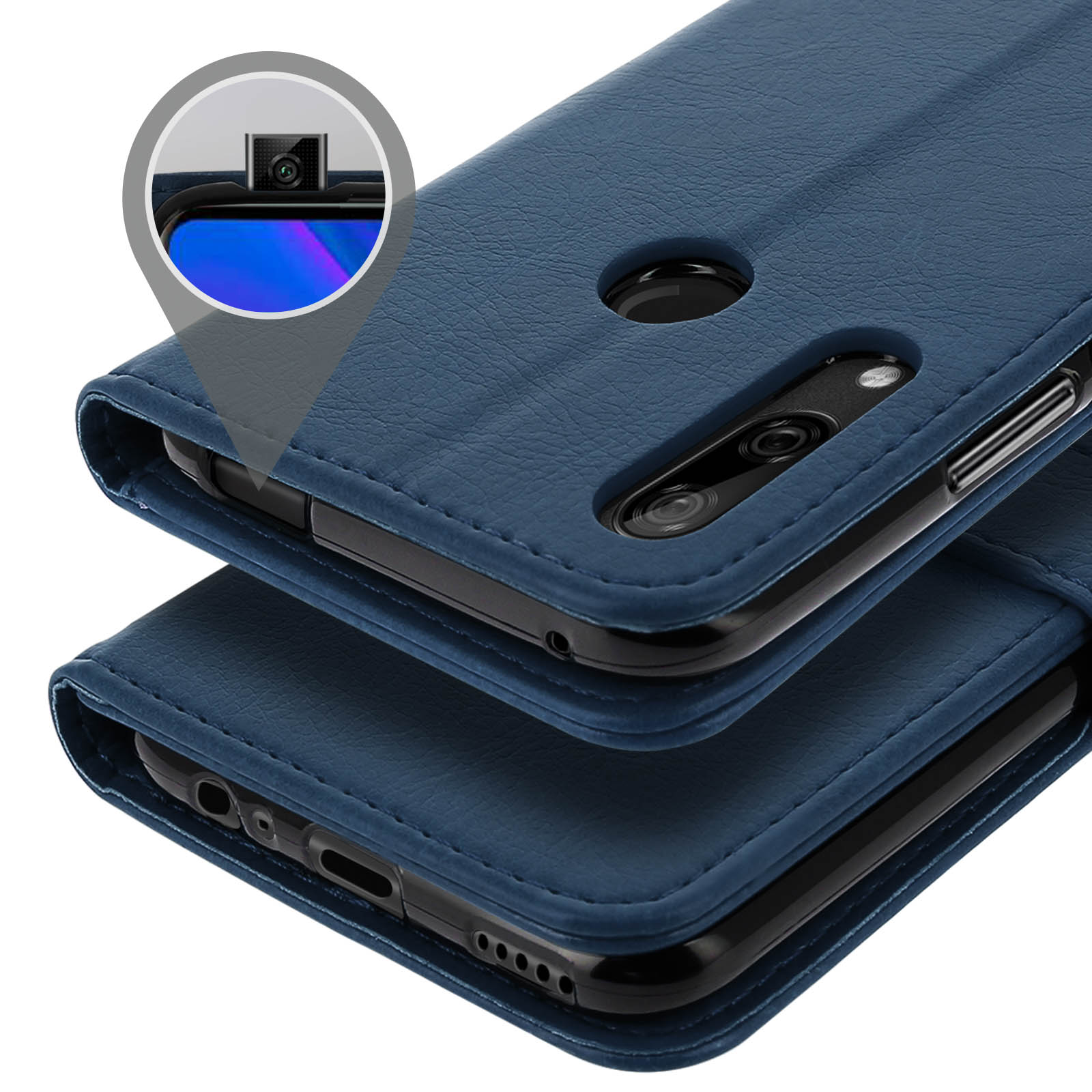Téléphone bleu dans un étui en cuir, montrant caméra et ports.
