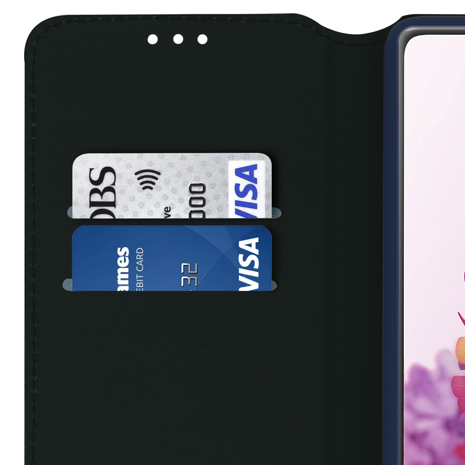 Schwarze Handyhülle mit Kartenfächern, zeigt DBS und Visa Karten.