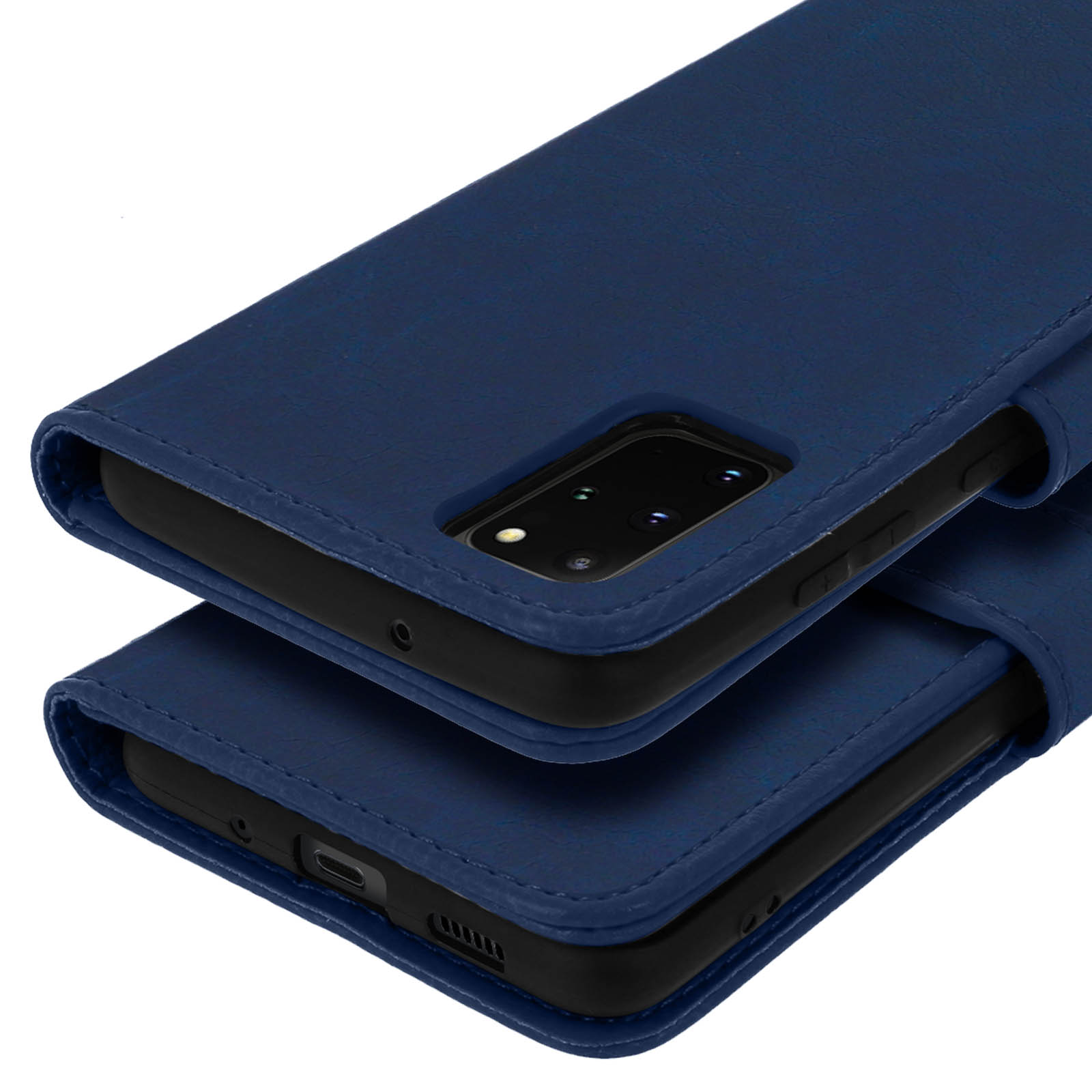 Étui en cuir bleu foncé pour smartphone avec appareil photo et ports visibles.