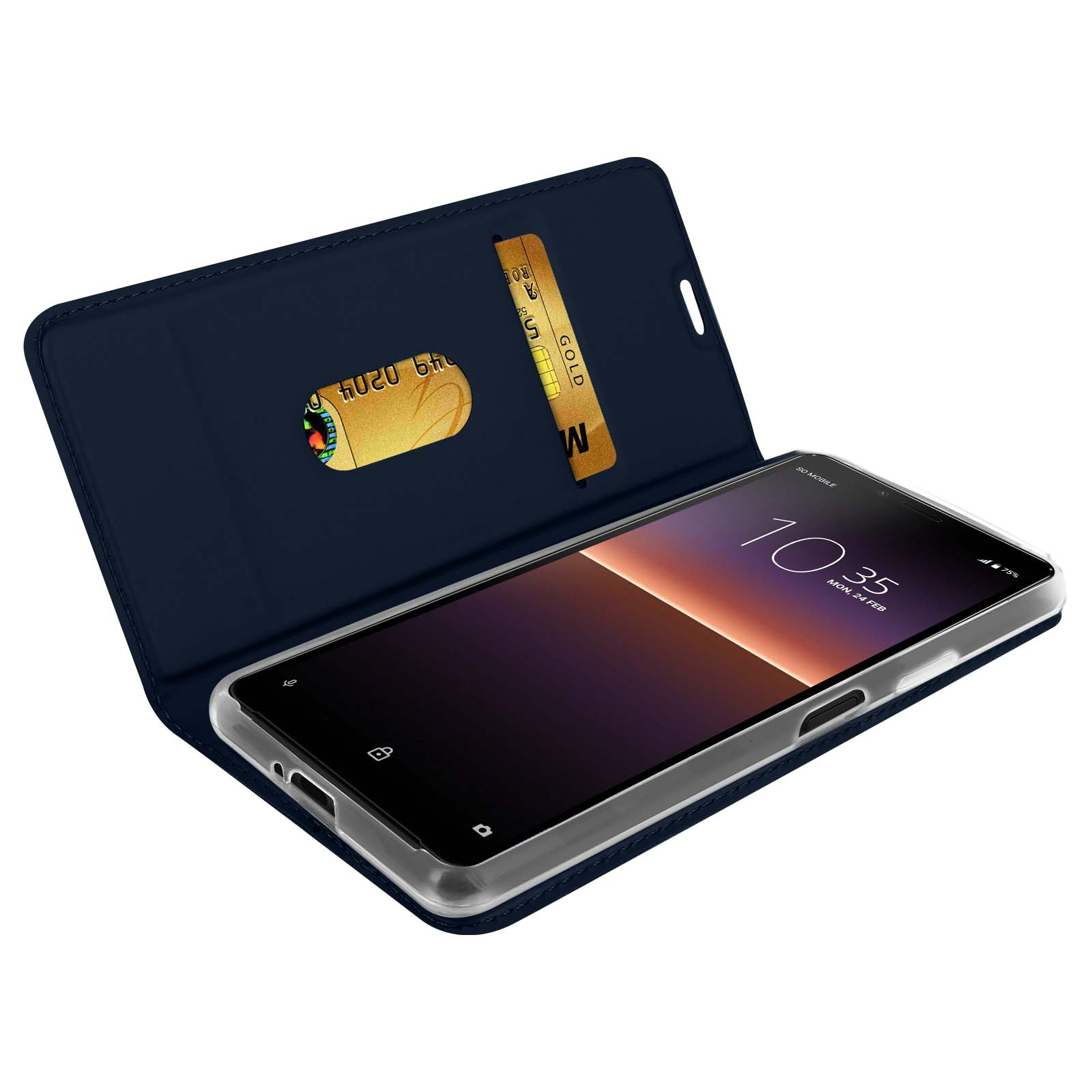 Custodia a libro blu scuro con slot per carte e uno smartphone.