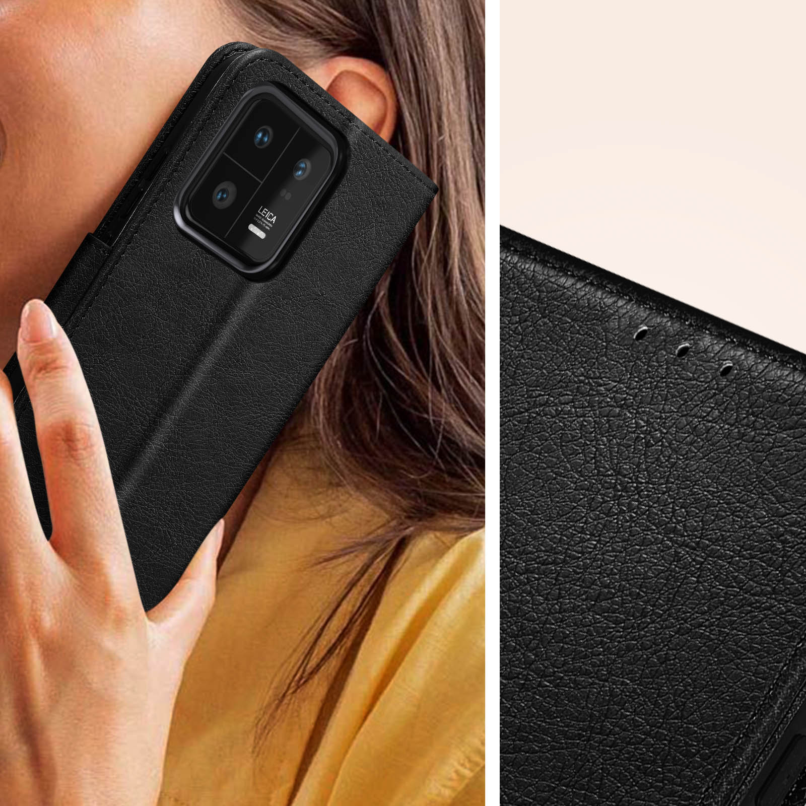 Coque de téléphone noire avec trois caméras et logo Leica, tenue par une main.