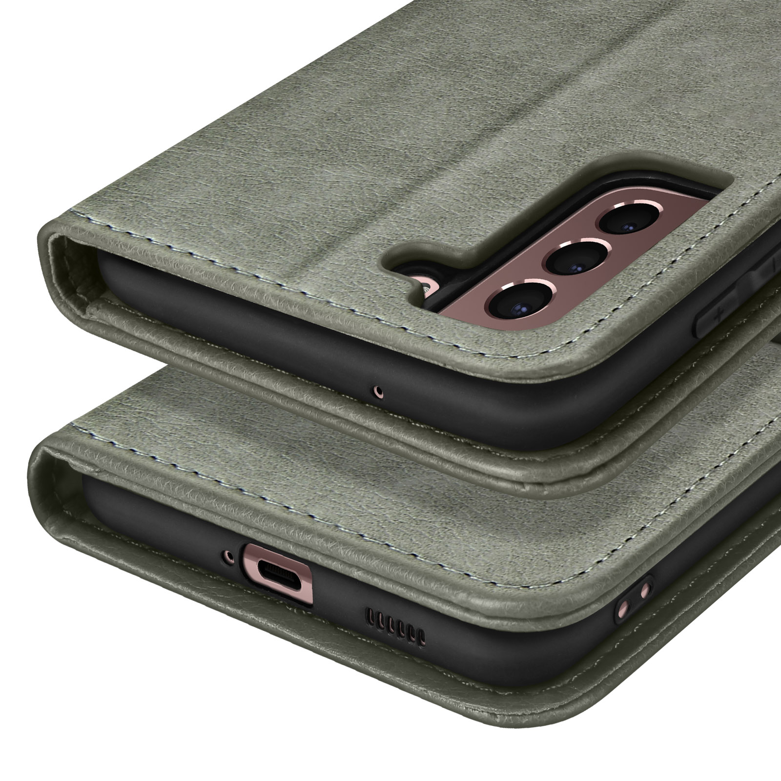 Un étui de téléphone en cuir gris avec découpe caméra et coutures.