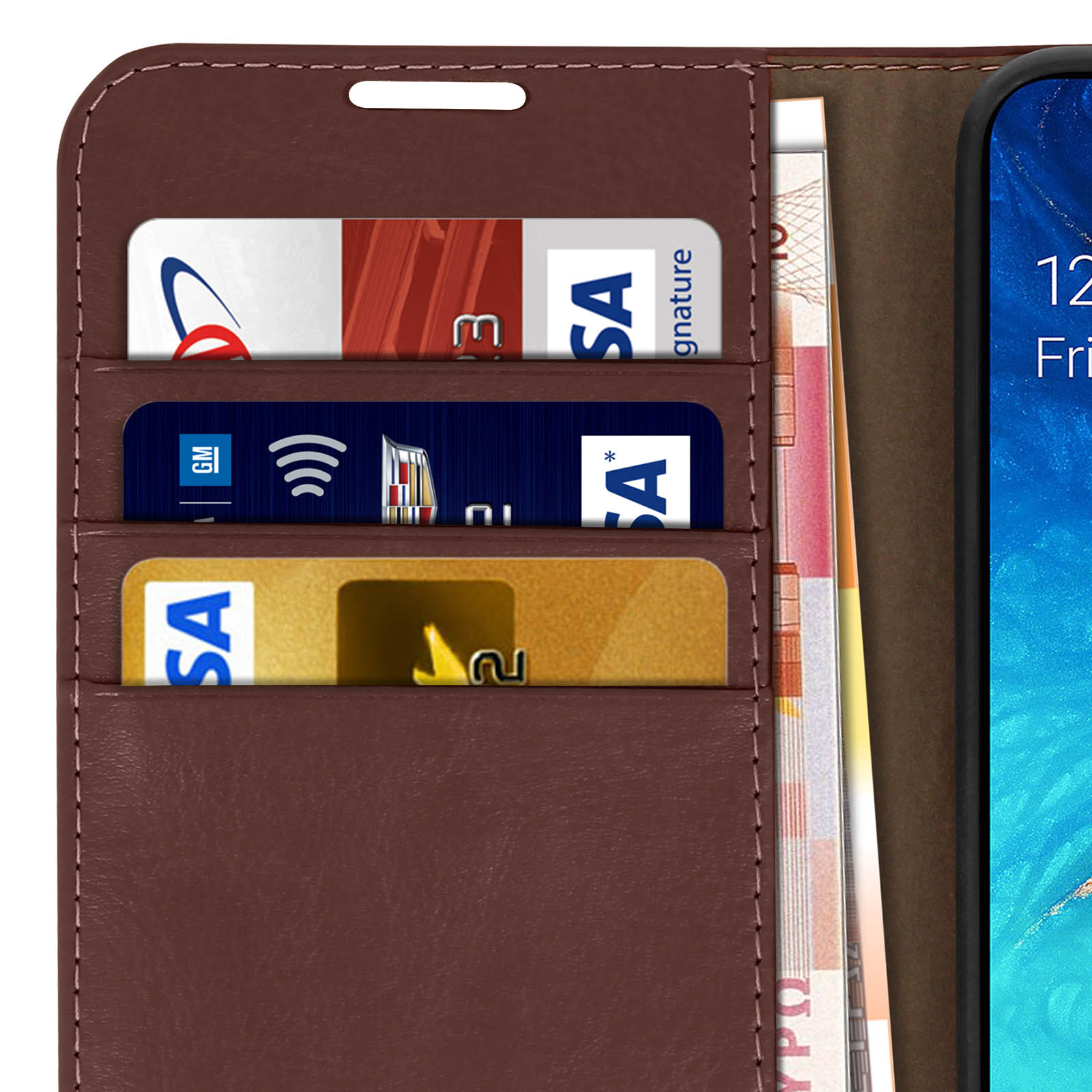 Braune Lederhülle mit Kartenfächern, Geld und einem Smartphone.