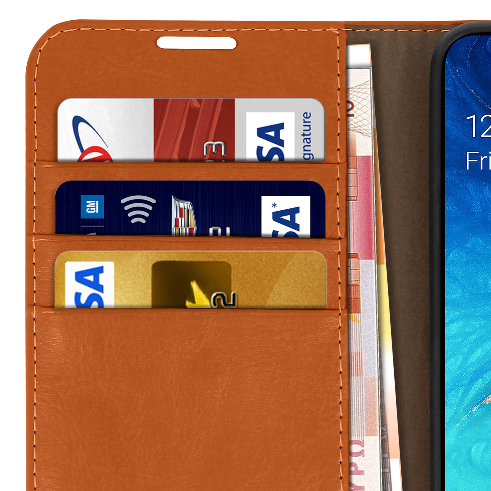Braune Brieftasche mit Karten und Geldscheinen, Smartphone daneben.