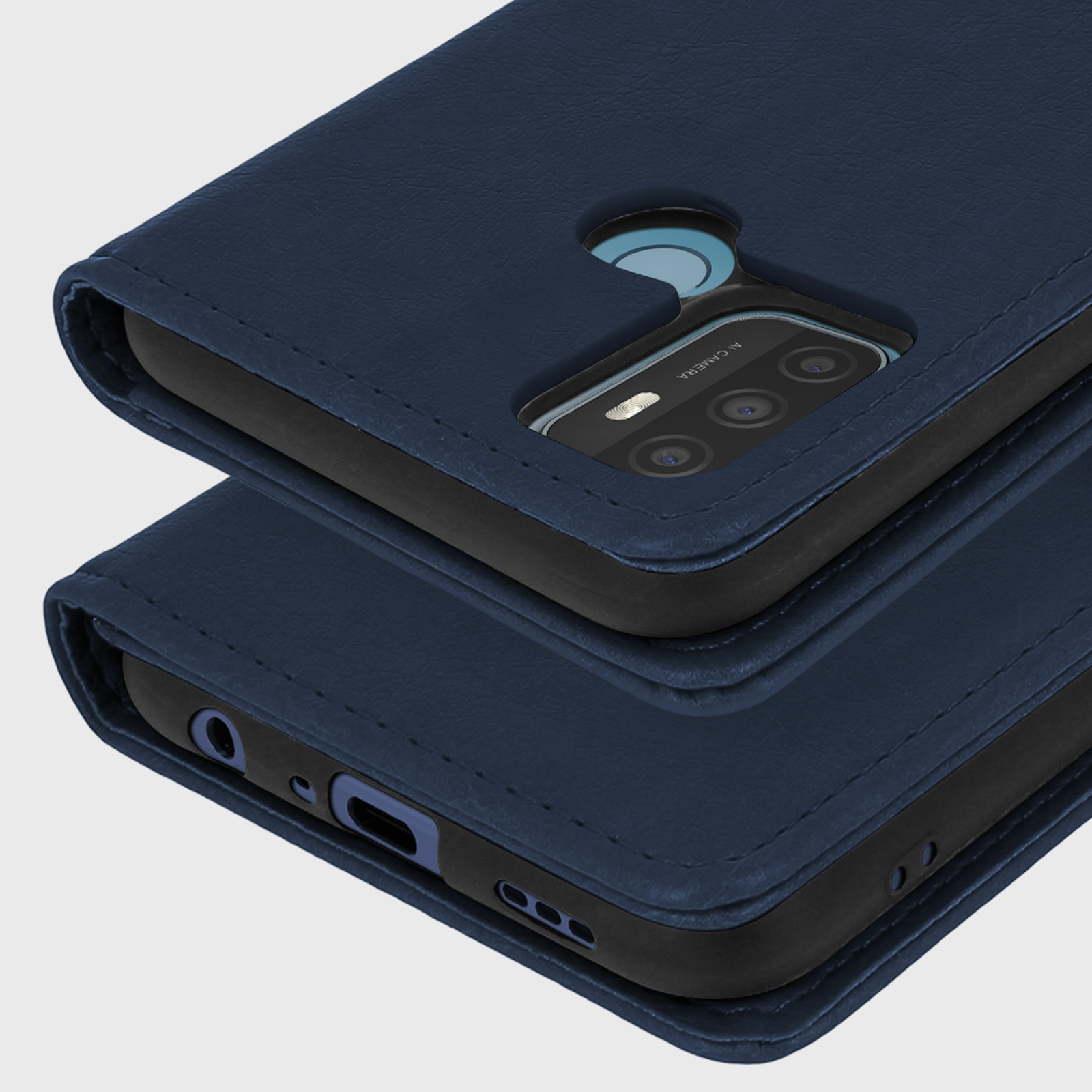 Étui bleu foncé pour téléphone à rabat, montrant caméra et ports.