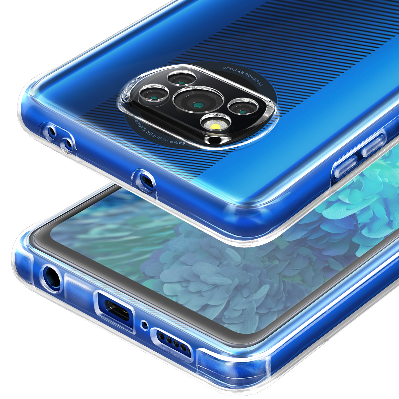 Coque transparente sur téléphone bleu, quadruple appareil photo et motif rayé.