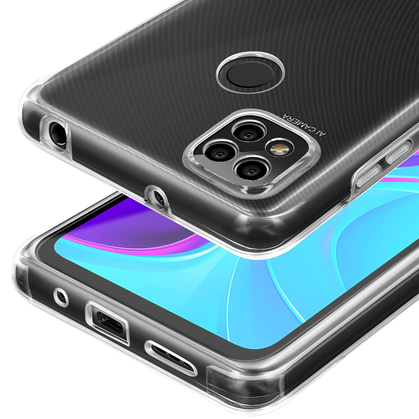 Coque de téléphone transparente avec découpes caméra et empreinte digitale, sur un smartphone à écran coloré.