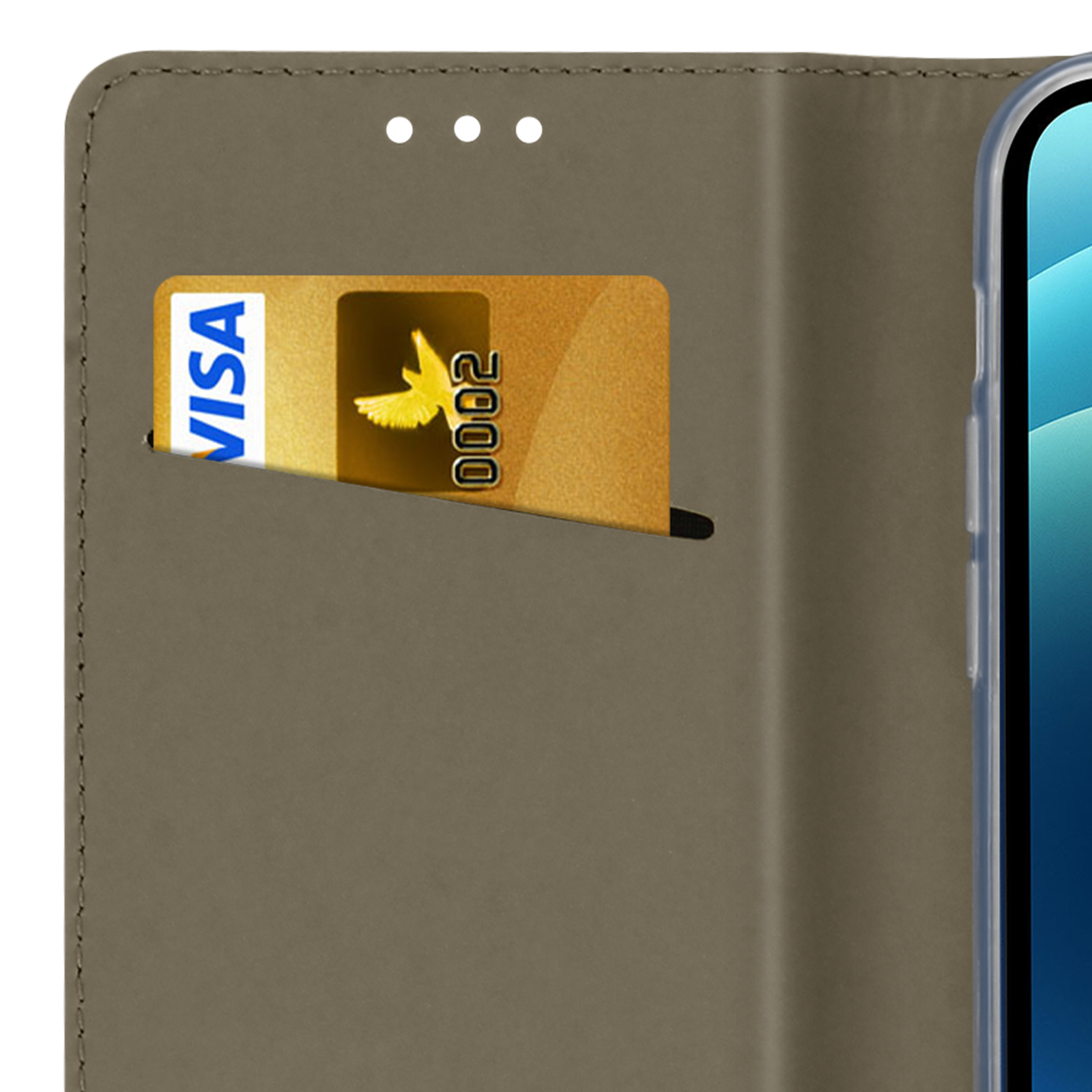 Een gouden VISA-kaart met nummer 2000 zit in een bruine hoes.