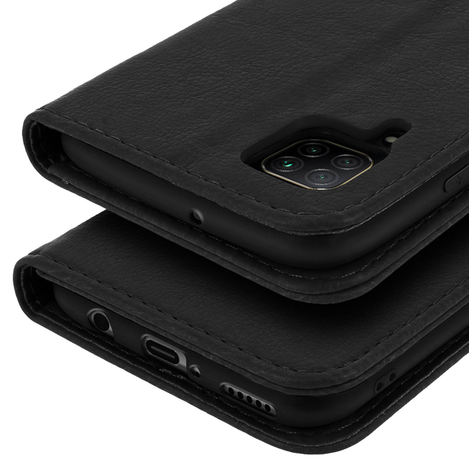 Zwart leren hoesje met stiksels, met telefooncamera en poorten.