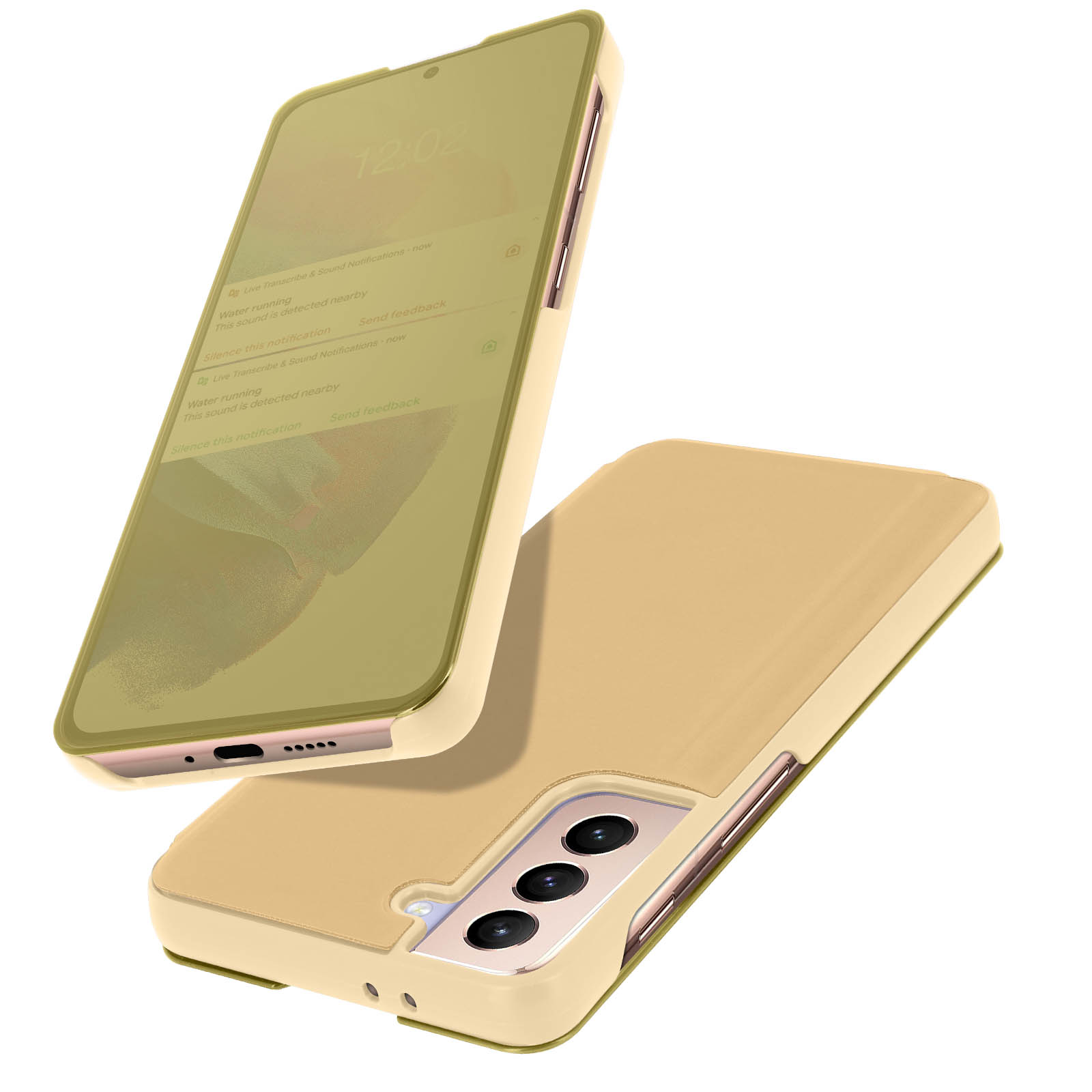 Een beige telefoonhoes met een smartphone. De smartphone toont meldingen.