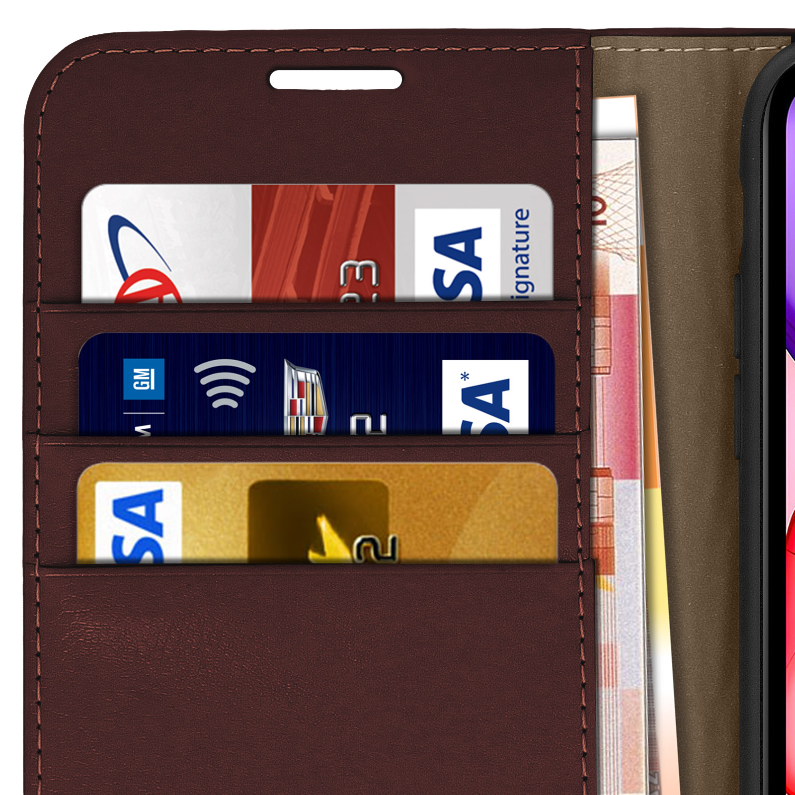 Portefeuille marron avec cartes et billets à l'intérieur.