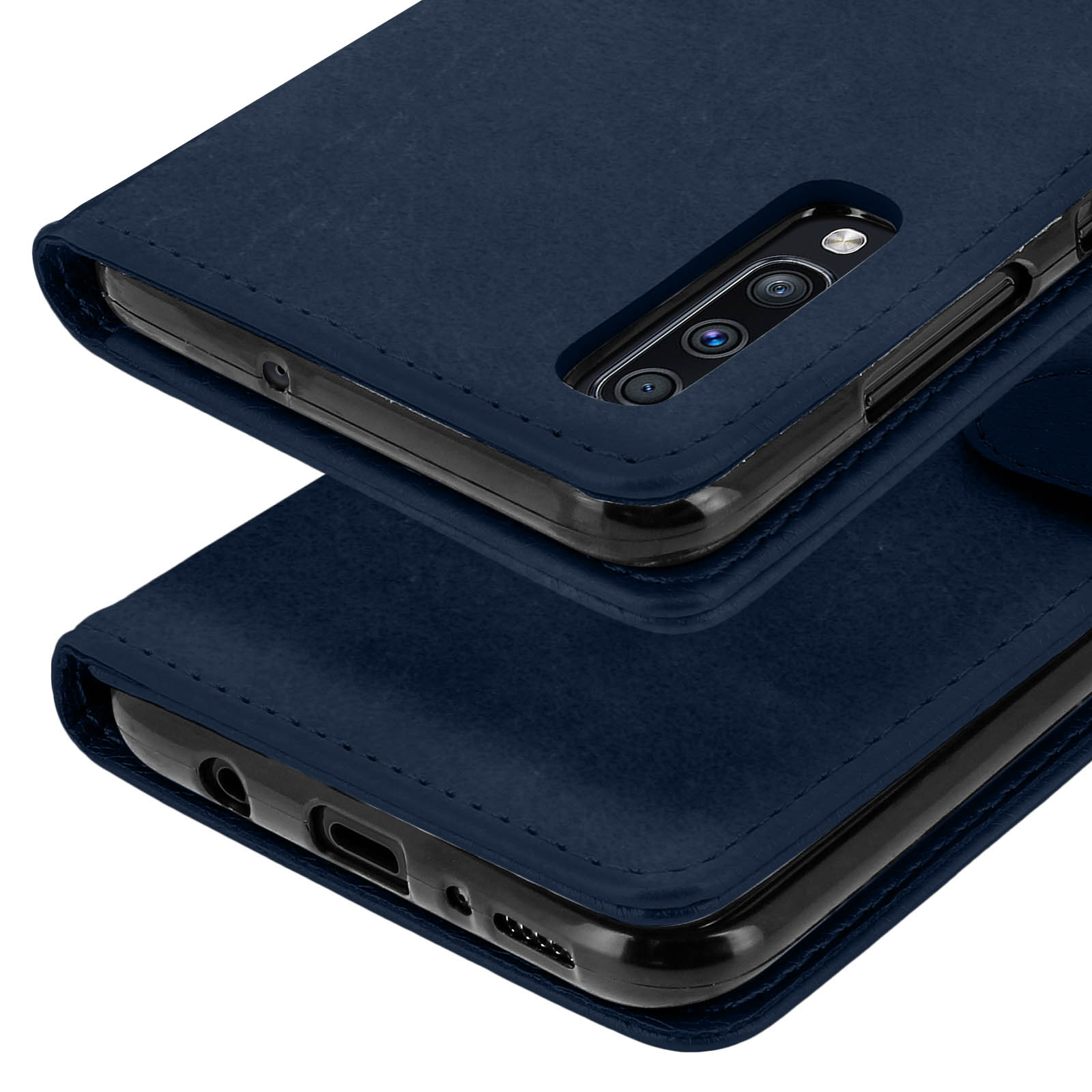 Étui de téléphone bleu foncé montre caméra et ports.
