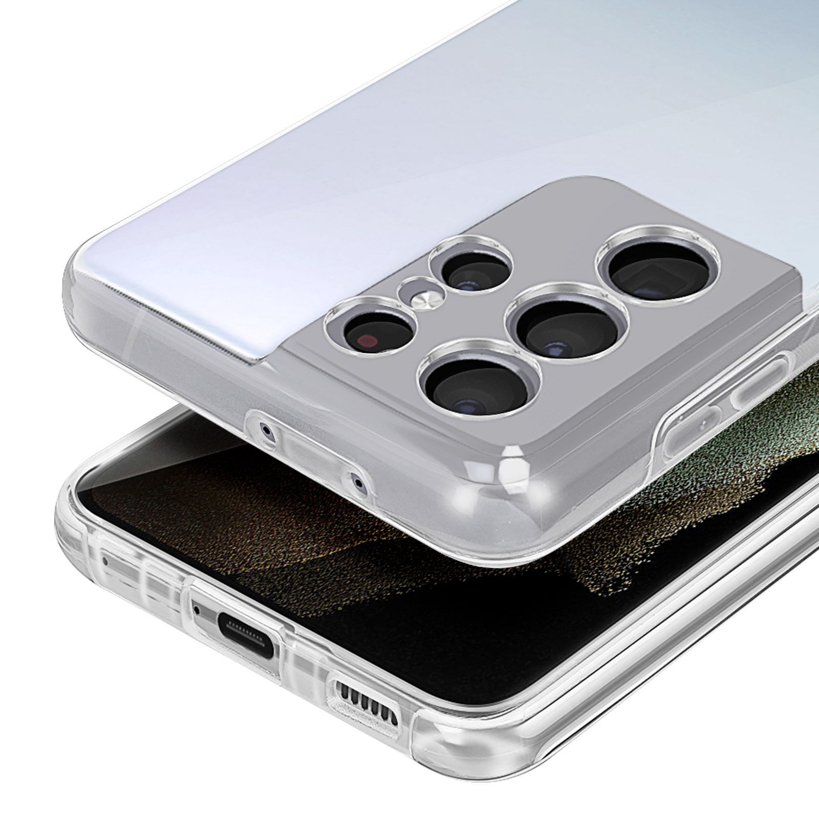Una custodia trasparente su uno smartphone con quattro fotocamere.
