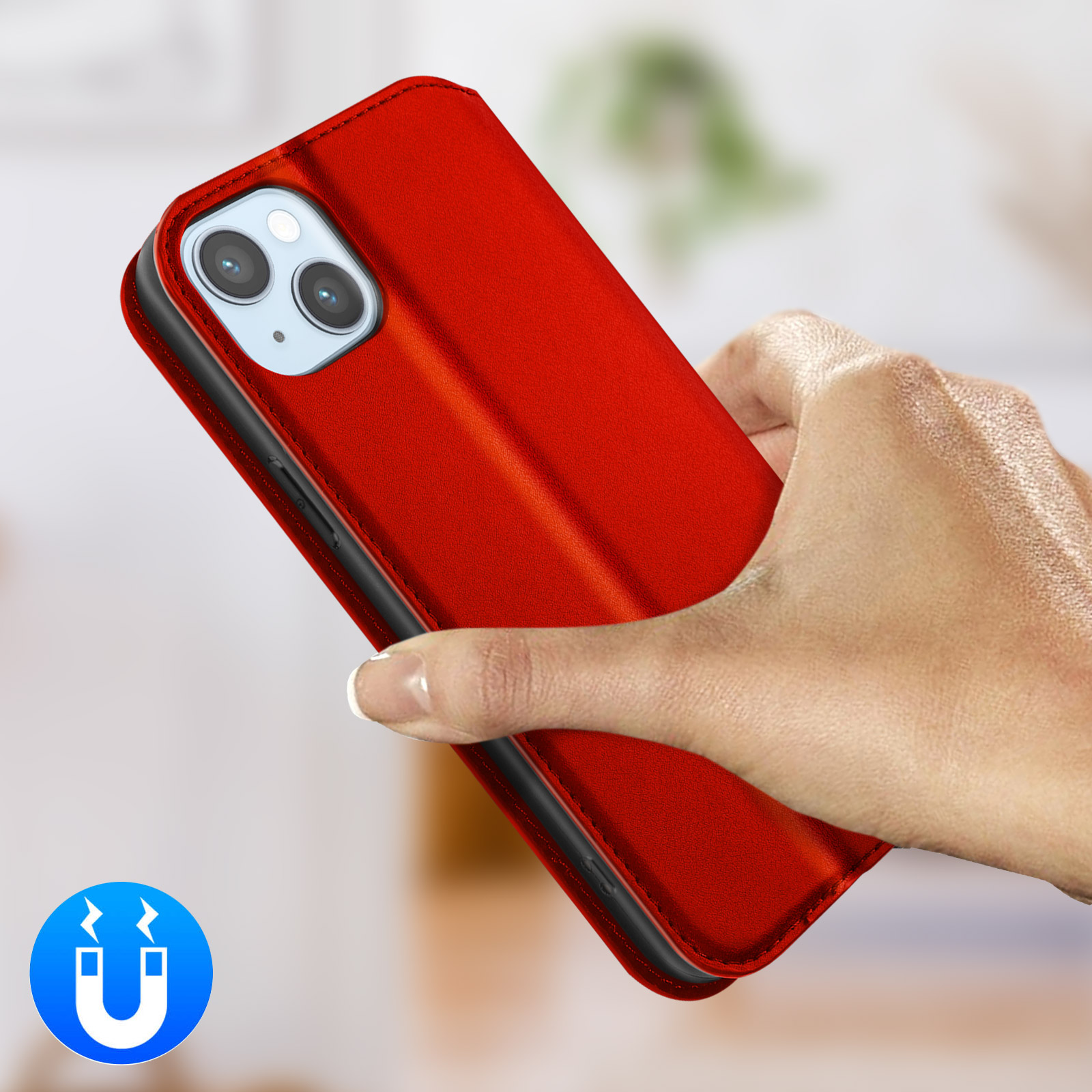 Rode telefoonhoes in landschapsprofiel met magnetische sluitingsicoon.