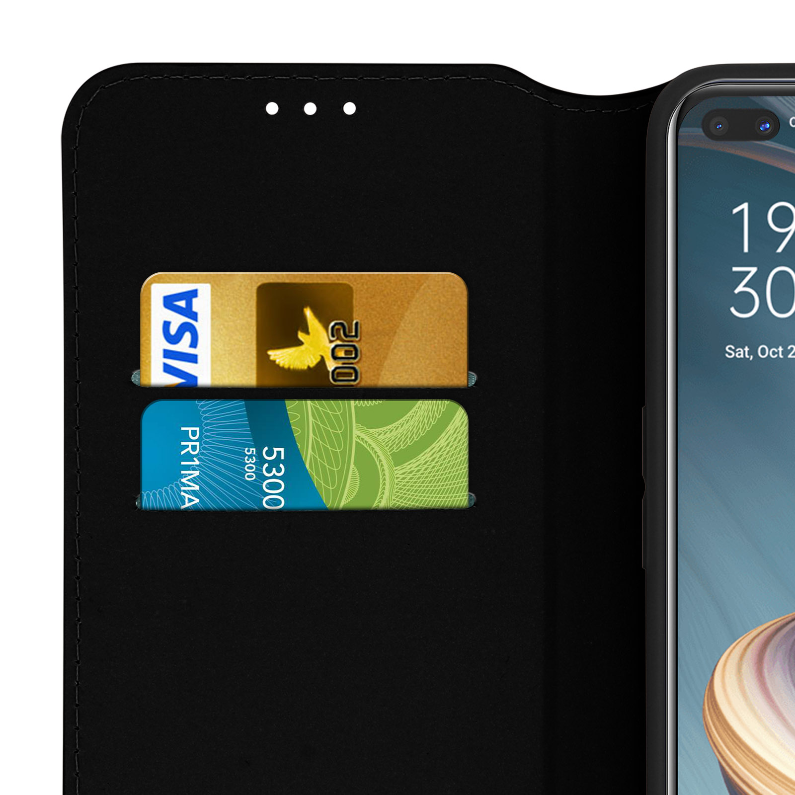 Un étui noir pour téléphone à clapet avec deux fentes pour cartes.