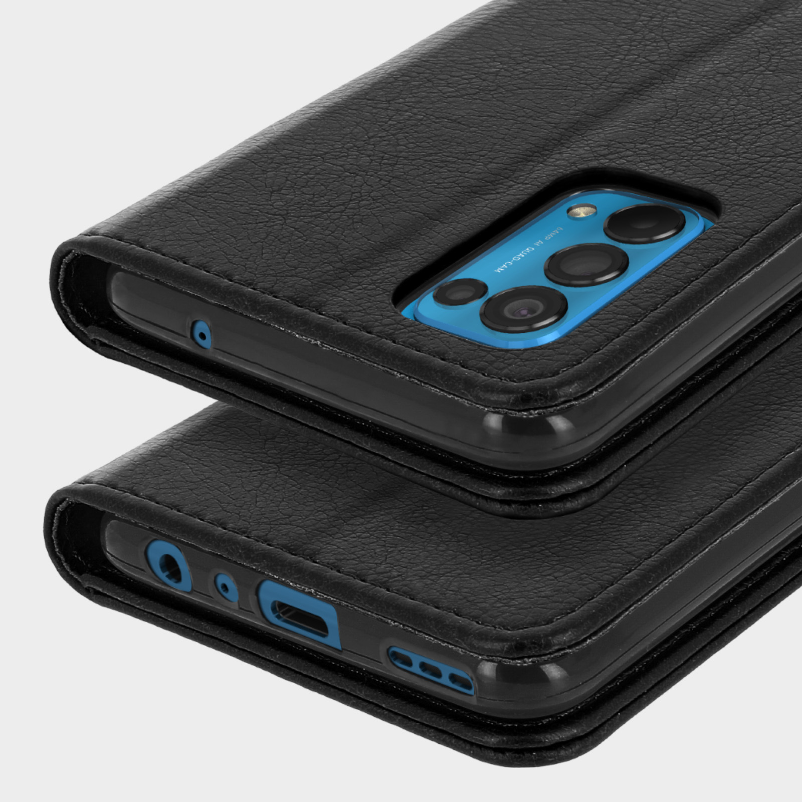 Custodia in pelle nera per telefono con fotocamera e porte.