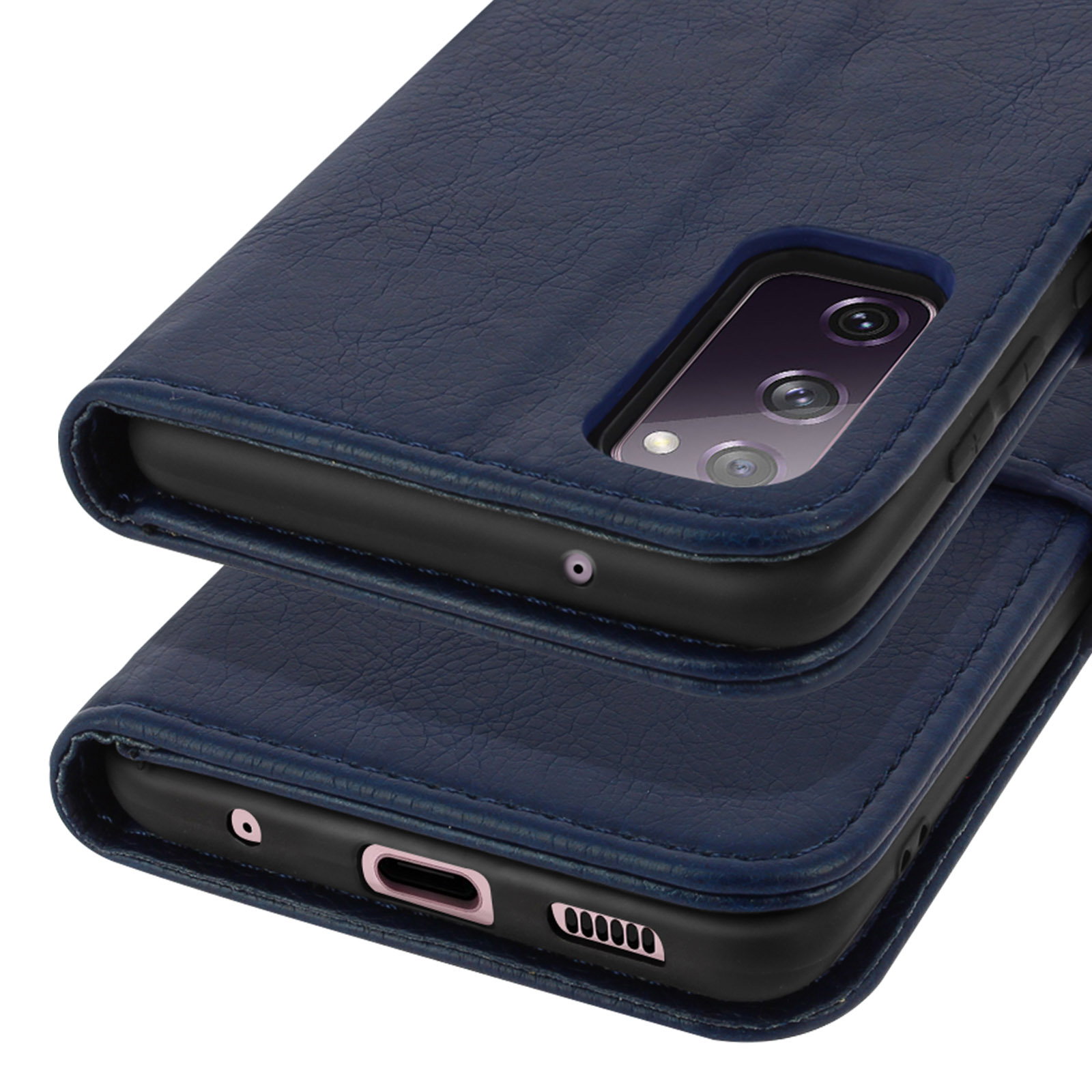 Donkerblauwe leren telefoonhoes met zichtbare camera en poorten.