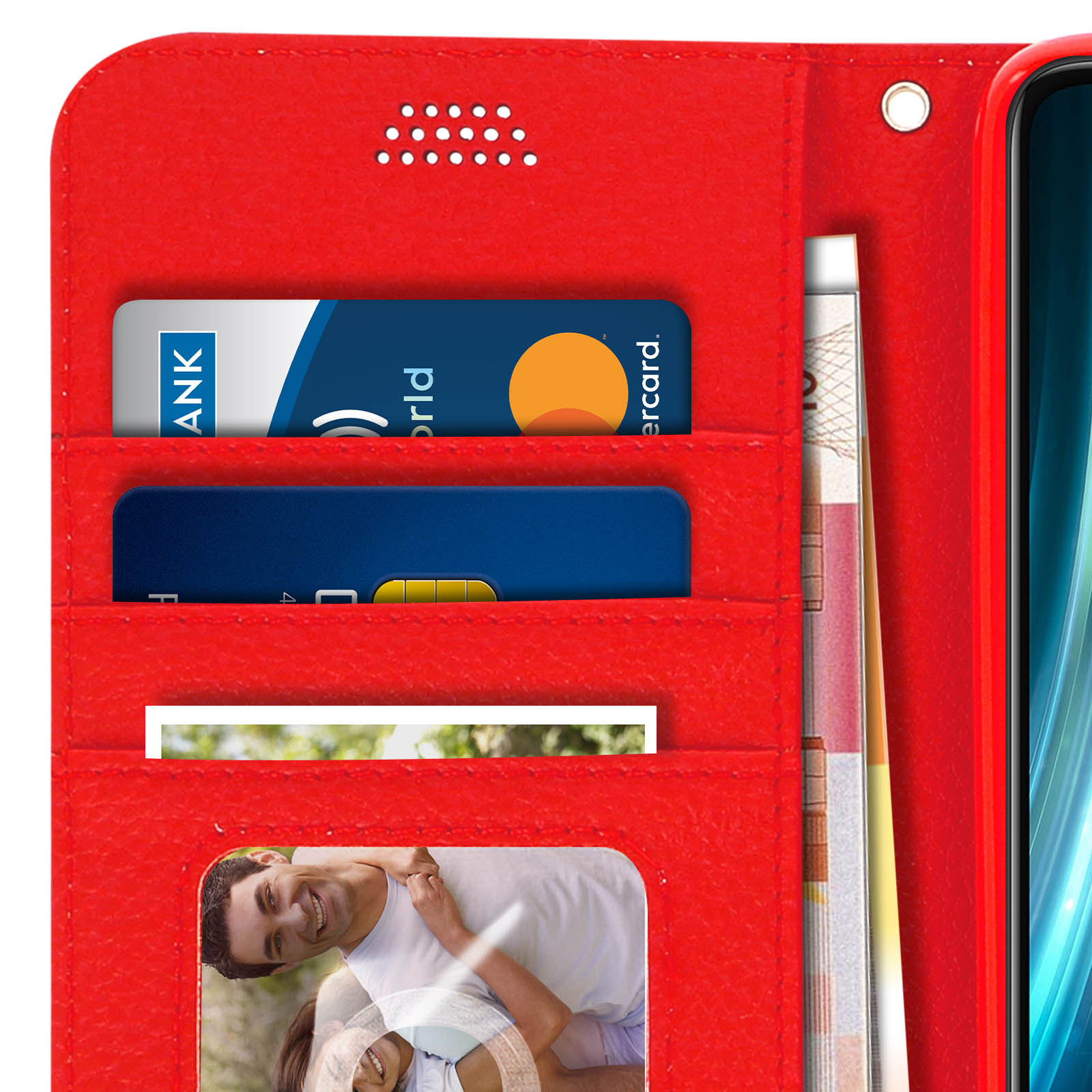 Rode portemonnee met creditcards, geld en foto.